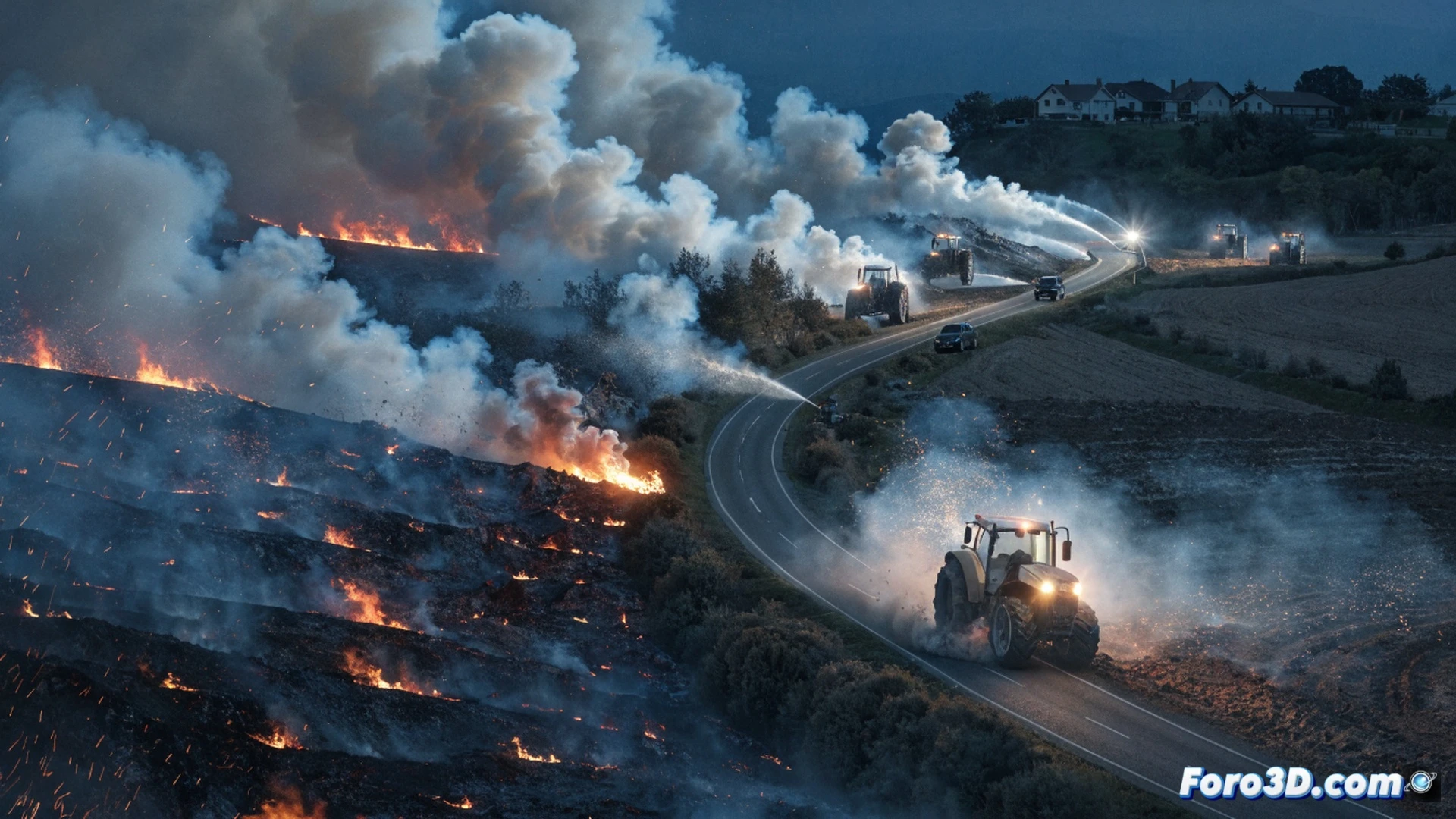 tractores agrícolas creando franjas de tierra en un campo nocturno iluminado por llamas lejanas, agricultores con mangueras rociando agua sobre el suelo labrado, bomberos coordinando la operación junto a la carretera A-129, humo denso y brasas rojas en el horizonte, estilo cinematográfico fotorrealista, iluminación dramática con tonos naranjas y azules, tractores con faros encendidos mostrando movimiento y polvo, acción de prevención contra incendios forestales, texturas detalladas de tierra arada y vegetación seca