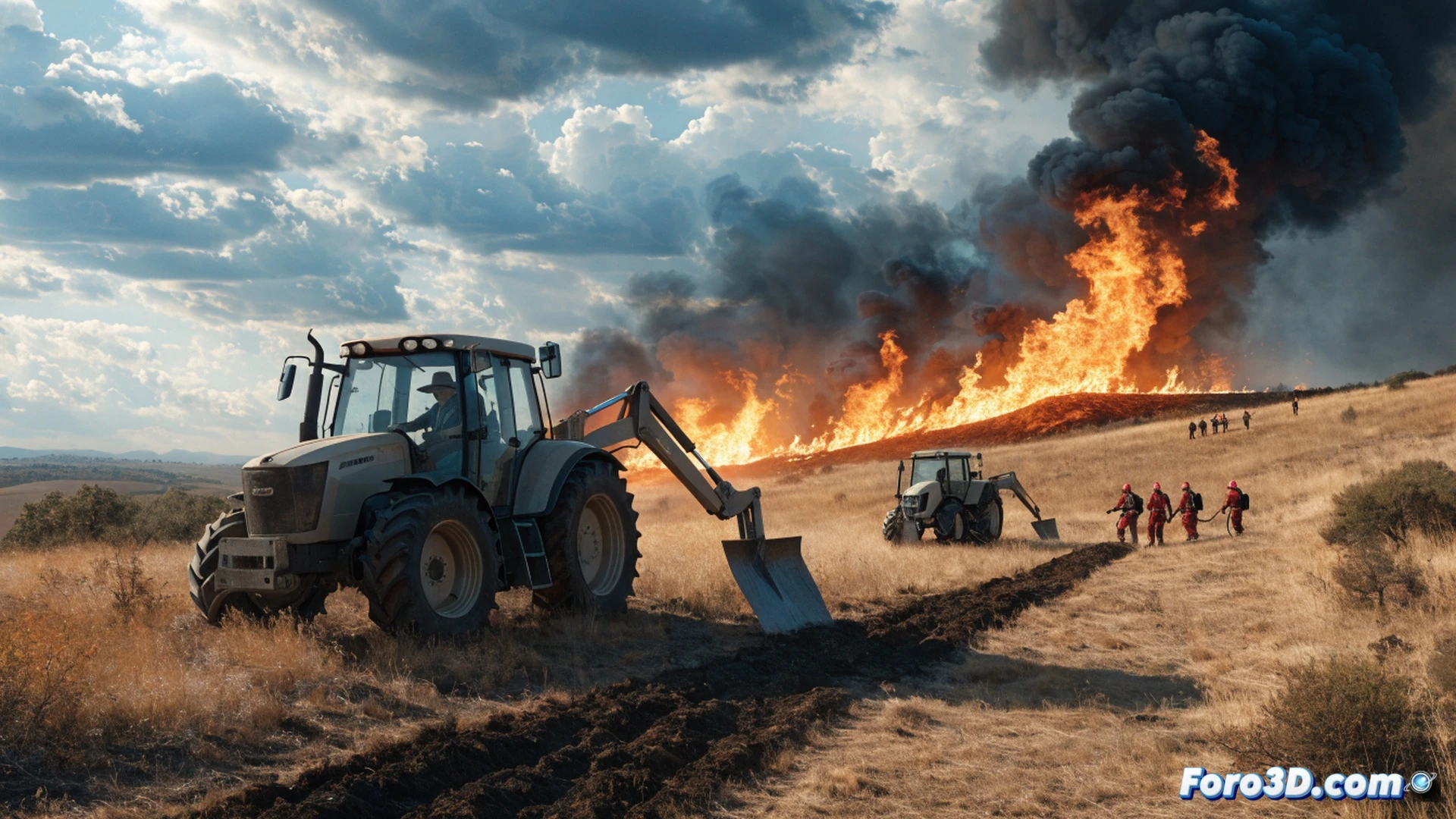 Agricultural tractors with front-mounted blades carving emergency firebreaks into dry hillside, farmers in protective gear coordinating with firefighters during wildfire in Los Monegros, flames approaching in background, smoke rising against evening sky, tractors kicking up dust and soil, metal blades cutting through brush and dry earth, visible heat haze and glowing embers, cinematic photorealistic style, dramatic golden-hour lighting with orange smoke haze, wide-angle perspective showing multiple tractors working in parallel lines, heavy machinery contrasting with rugged terrain, urgent action and teamwork demonstrated, ultra-detailed textures on tractor tires and soil, motion blur on rotating wheels and flying debris