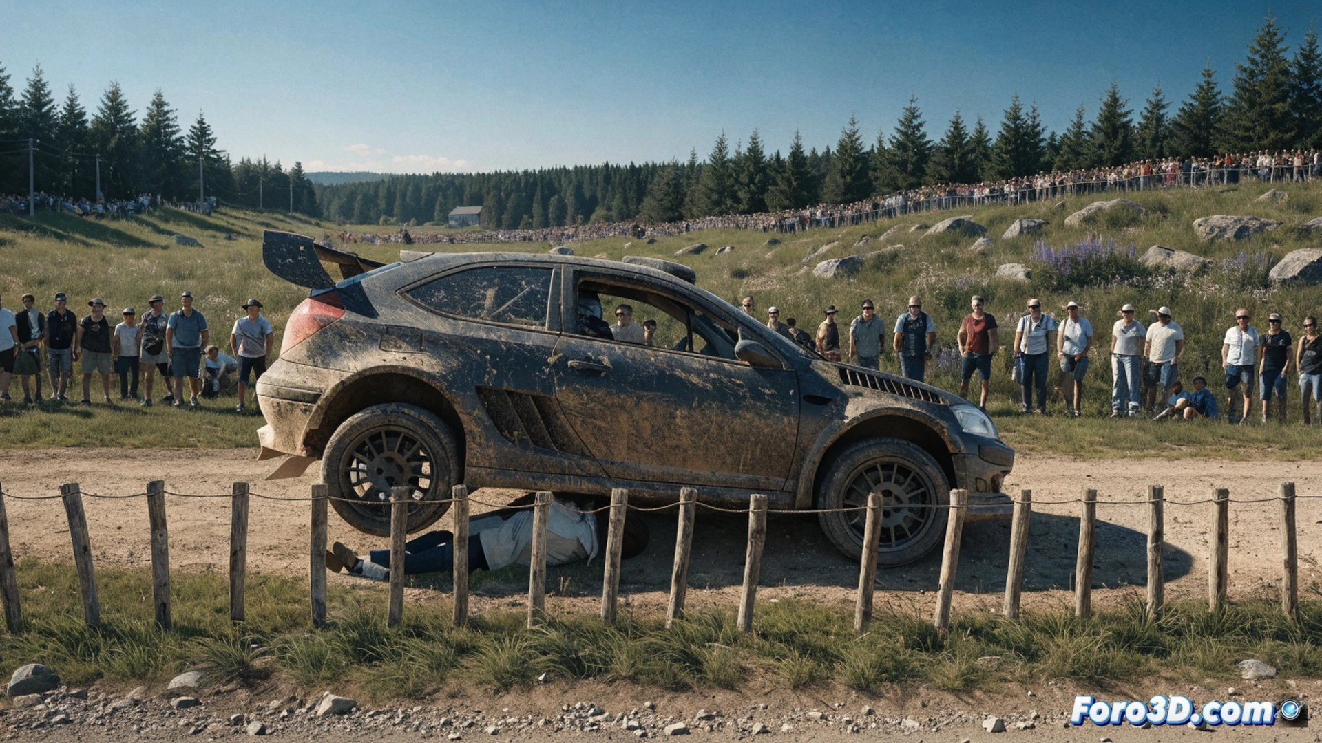 Rally car losing control on a gravel curve, front wheel hitting a spectator barrier, dust cloud rising as the vehicle tilts, crowd scrambling near a wooden post, emergency flags waving, worn tires skidding on loose stones, cinematic race scene, dramatic overcast sky, motion blur on spinning rims, photorealistic automotive action shot, high-contrast lighting, technical crash dynamics visible, safety fencing partially collapsed, ultra-detailed car body damage, tense atmosphere