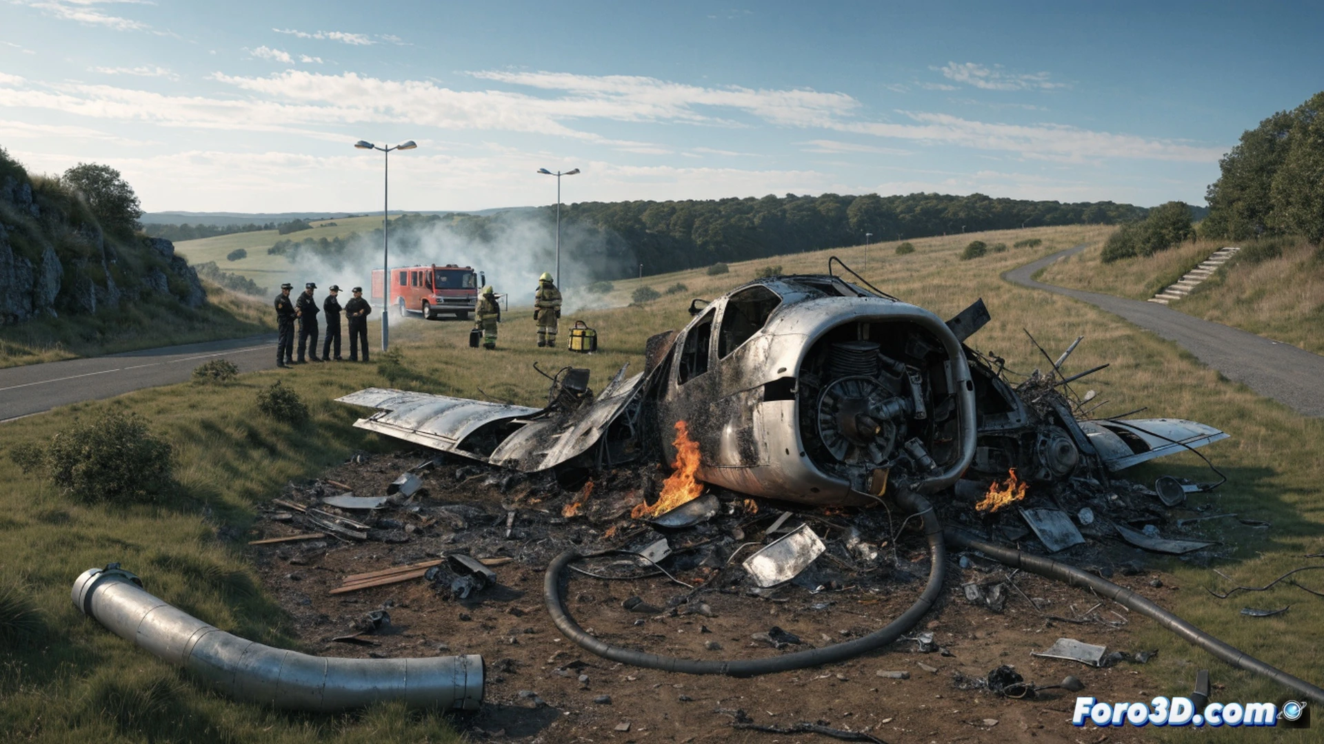 small aircraft wreckage in green English field, twisted metal wing section resting on damp grass, emergency responders in high-visibility jackets examining debris, forensic investigators with tools and evidence markers placed around crash site, morning mist rising from ground, distant police vehicles with flashing blue lights, dramatic overcast sky, photorealistic technical illustration, detailed mechanical failure points on fuselage, shattered cockpit window, fuel stains on soil, realistic lighting with soft grey clouds, cinematic aerial perspective, ultra-detailed environmental textures