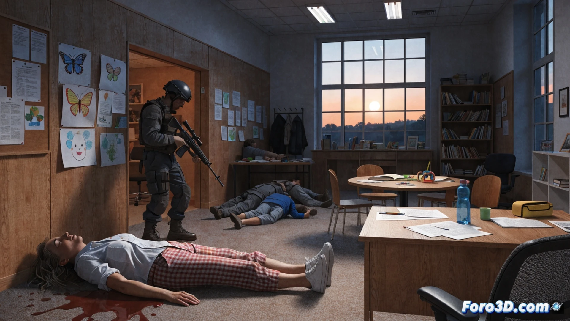 daycare center entrance with shattered glass door, security guard rushing toward a figure holding a gun, children's toys scattered on floor, emergency alarm panel flashing red, protective barrier being installed by workers in orange vests, security camera on wall, cinematic photorealistic style, dramatic shadows from emergency lights, blurred motion of running figures, high contrast lighting, tense atmosphere, ultra-detailed interior textures, realistic human expressions of urgency, technical safety equipment visible