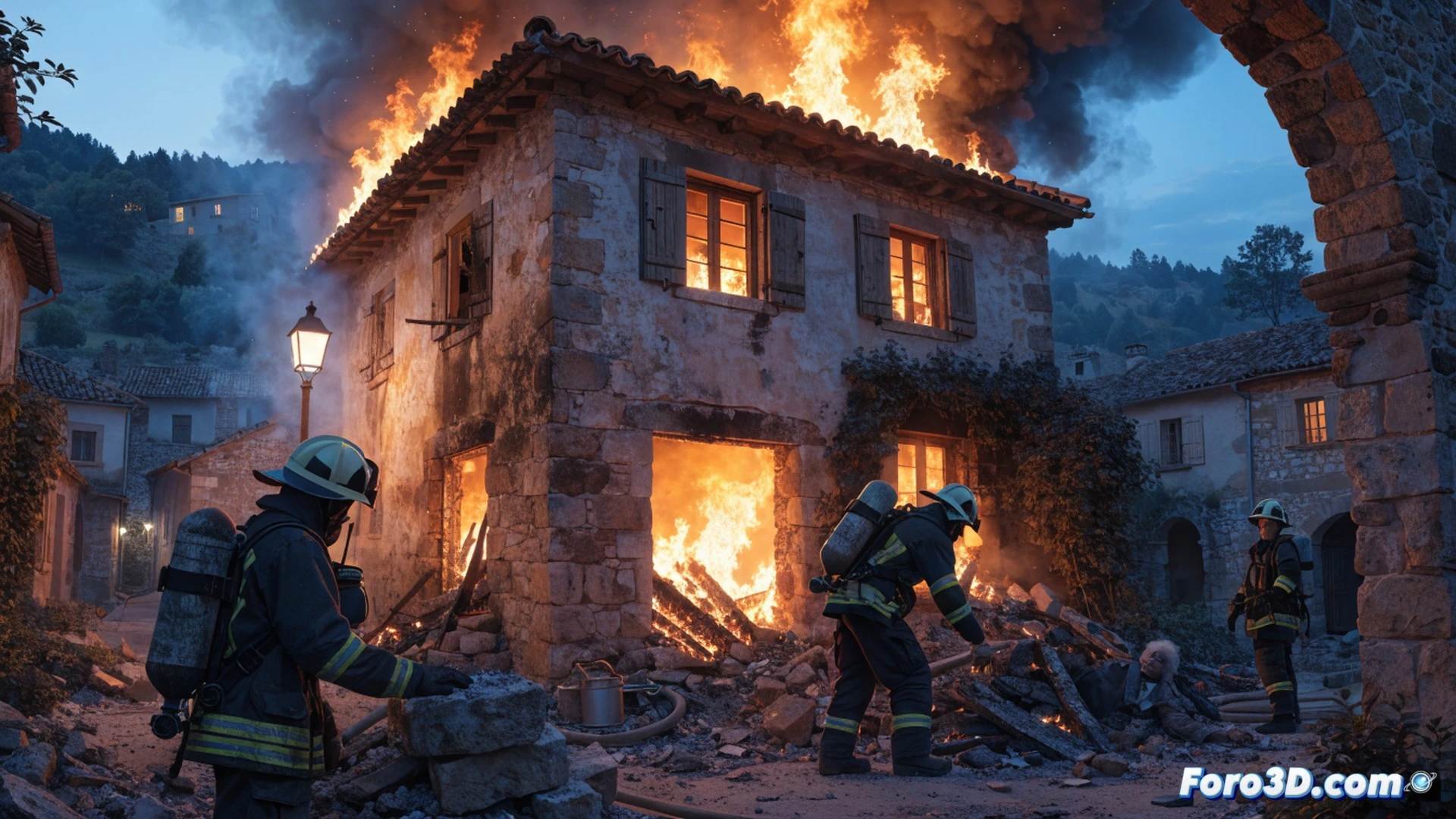 charred wooden beams collapsed into a pile of ash and twisted metal, firefighter in yellow helmet and breathing apparatus sifting through debris with a thermal imaging camera, smoke still rising from blackened walls, melted household appliances visible among rubble, single red fire extinguisher lying on its side, emergency vehicle lights casting blue and red reflections through broken windows, photorealistic cinematic style, dramatic chiaroscuro lighting, high contrast smoke haze, ultra-detailed textures of burnt wood and soot, somber atmospheric mood