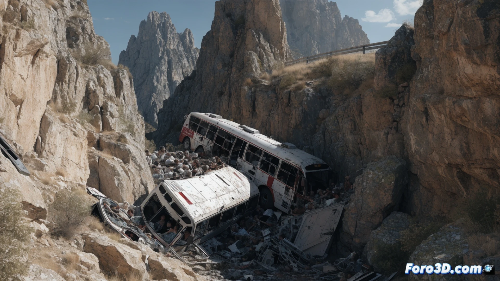 overturned bus wreckage on rocky cliff edge, shattered windows and twisted metal frame, scattered luggage and debris on steep slope, rescue workers in orange vests descending with ropes and stretchers, dust cloud rising from impact zone, emergency vehicle lights flashing on winding mountain road above, cinematic photorealistic technical illustration, dramatic golden hour sunlight casting long shadows, ultra-detailed mechanical damage and terrain textures