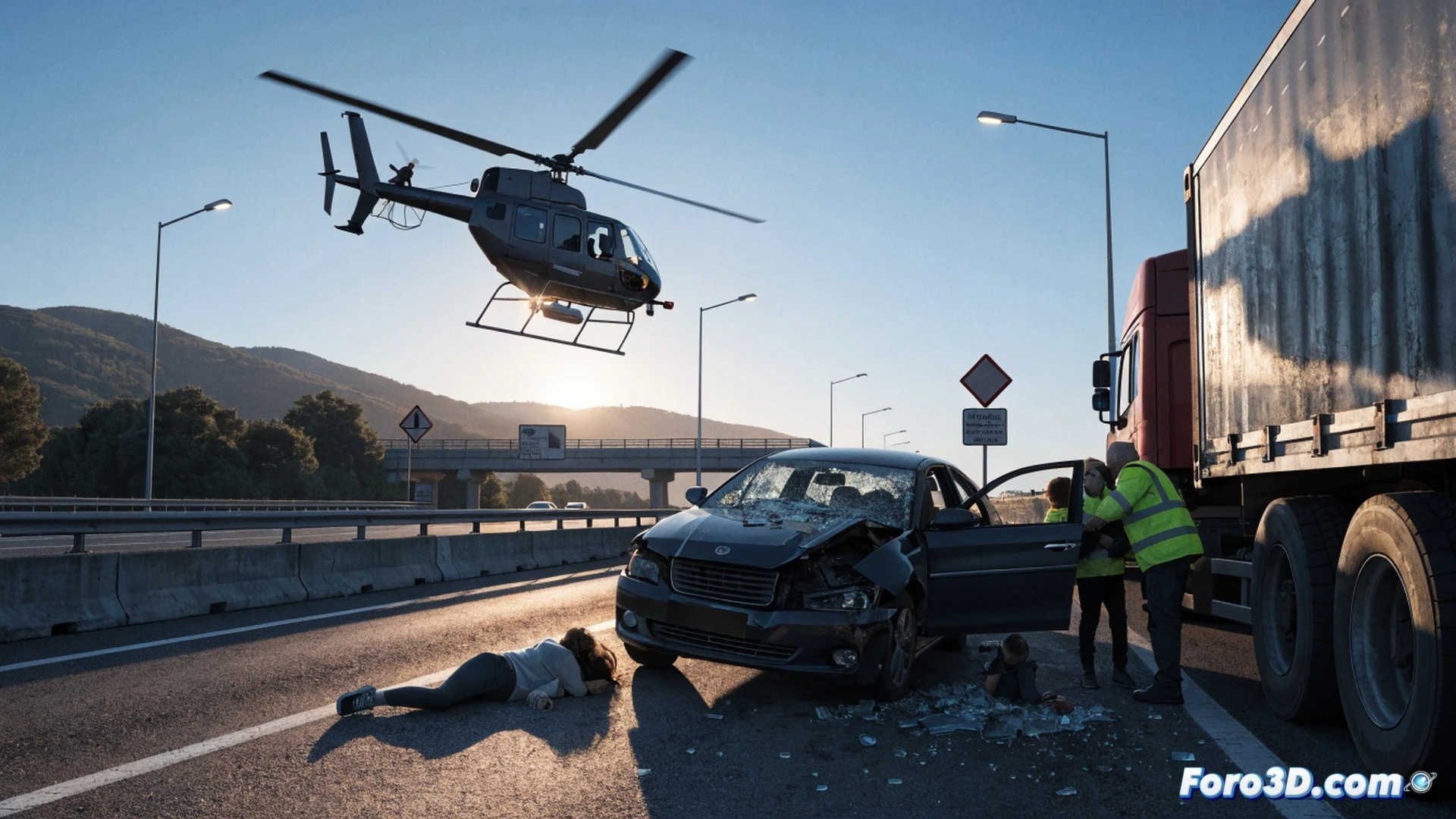 side-view of a crumpled silver sedan crushed against the front of a blue truck on a four-lane highway, red emergency lights reflecting on wet asphalt, broken glass scattered, two paramedics in high-vis vests bending near the driver side, a medical helicopter descending in the background with rotor blur, twisted metal and spilled engine fluid on the road, cinematic photorealistic style, dramatic overcast sky, motion blur on distant traffic, realistic accident scene with technical vehicle damage details, forensic accident reconstruction visualization