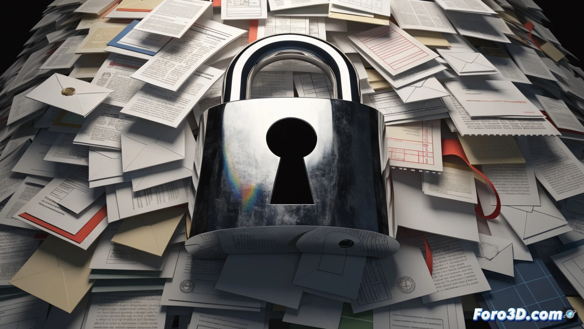 photorealistic technical illustration of a massive transparent safe door partially open, revealing rows of locked filing cabinets with glowing red keyholes inside, a bureaucratic worker in suit holding a large brass key but deliberately turning away from a citizen reaching for documents, scattered papers with bar codes and red stamps on floor, dim fluorescent office lighting casting shadows, cold blue-gray color palette, dust particles in air, cinematic composition, hyper-detailed metal textures, surveillance camera in corner showing static interference, security cables and padlocks wrapped around data servers visible through glass panels