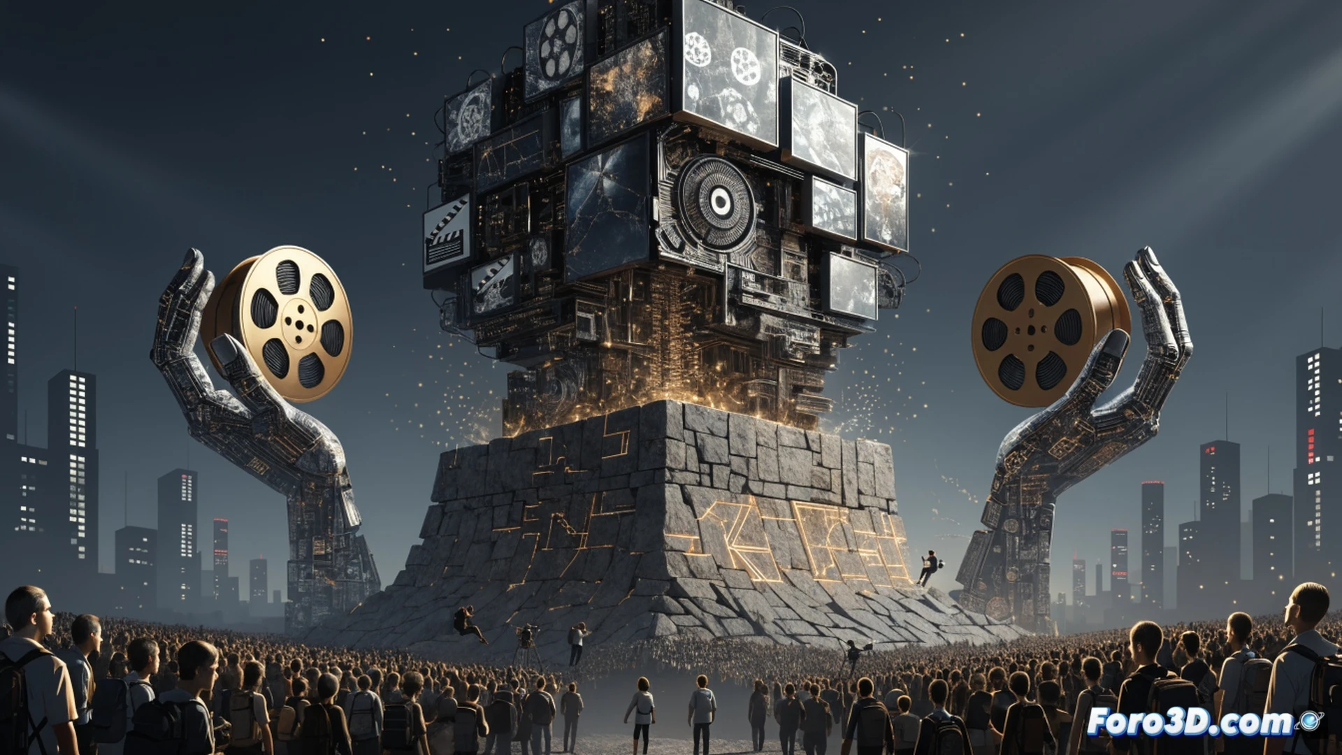 Cinematic scene of a vintage film projector being dismantled by robotic streaming server arms, reels of celluloid unspooling into digital fiber optic cables, film frames dissolving into pixelated static mid-air, cracked film canisters labeled with indie logos scattered on floor, server racks glowing with corporate blue LED light, dust particles suspended in harsh overhead fluorescent lighting, photorealistic technical illustration, dramatic contrast between warm analog film tones and cold digital infrastructure, mechanical disassembly action, motion blur on spinning reels, ultra-detailed metal and plastic textures, industrial decay atmosphere