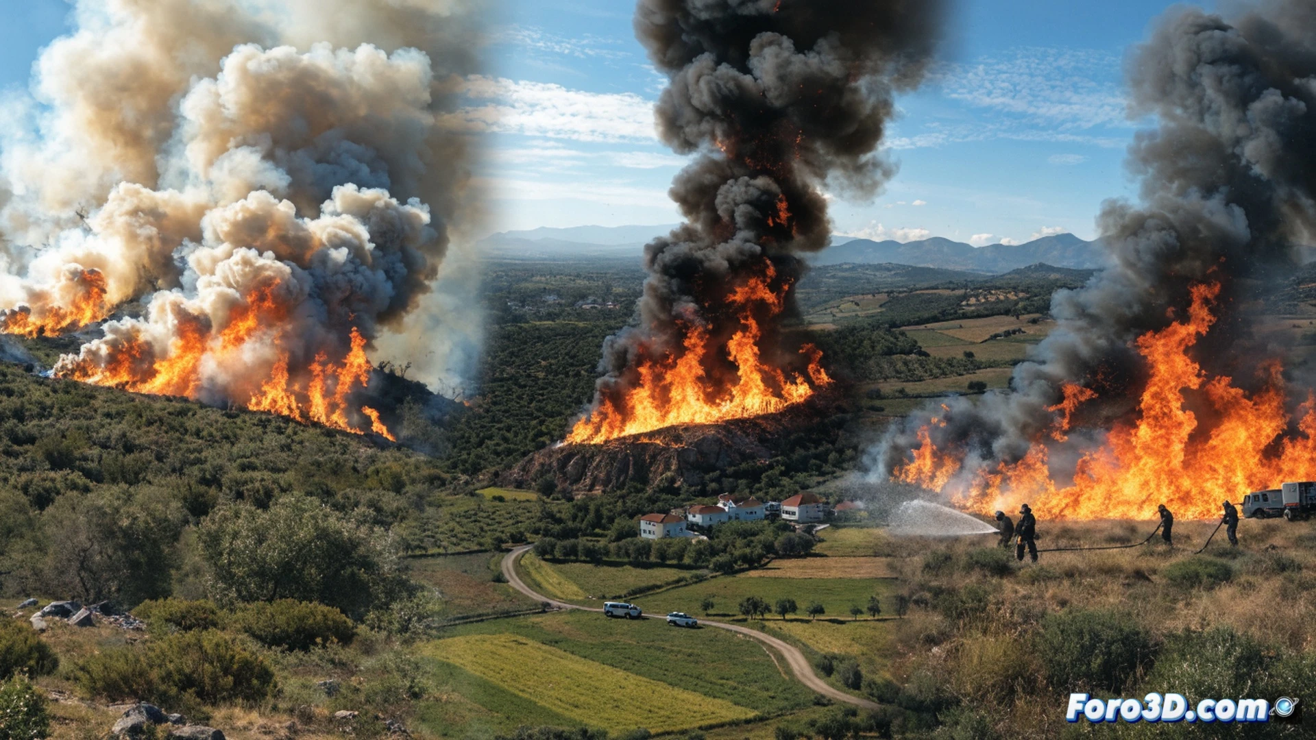 Vista aérea de un paisaje rural sevillano con tres columnas de humo denso elevándose simultáneamente, bomberos con trajes amarillos y mangueras combatiendo llamas que alcanzan cultivos de olivos, dos camiones de bomberos rojos con luces estroboscópicas activas, una fila de casas blancas amenazadas por el fuego, helicóptero descargando agua sobre la línea de fuego, humo gris oscuro desplazándose hacia el horizonte, estilo cinematográfico fotorrealista, iluminación cálida de atardecer contrastando con el humo, textura de tierra seca y vegetación quemada, máxima nitidez técnica
