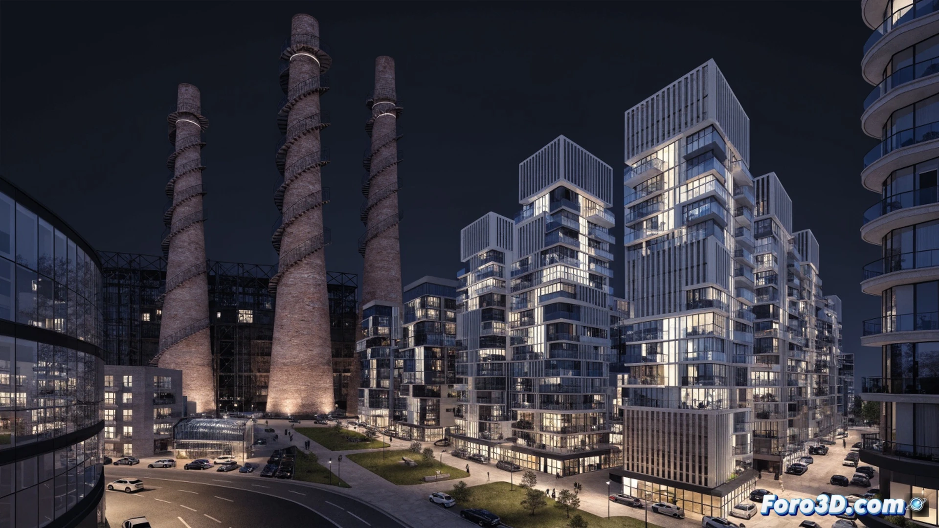 industrial site transformation, three tall brick chimneys standing against cloudy sky, construction workers installing modern glass facade on old factory building, yellow excavator moving earth near foundation pit, architectural blueprints spread on wooden table with tablet showing 3D building model, crane lifting steel beams for new office structure, concrete mixer truck pouring foundation for luxury apartment complex, cinematic engineering visualization, photorealistic technical illustration, dramatic morning sunlight casting long shadows, dust particles suspended in air, safety helmets and reflective vests on workers, ultra-detailed construction equipment textures, wide-angle perspective capturing entire redevelopment zone