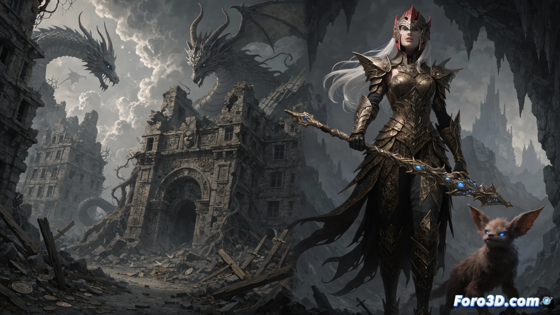 young woman with blue hair and goggles standing on a ruined stone bridge, holding a glowing blueprint scroll while a mechanical crane arm lifts a wooden beam behind her, rubble and dragon scales scattered on the ground, three floating holographic construction icons near her hand, medieval town walls partially rebuilt in the background, a small dragon silhouette flying away under a cloudy sunset sky, cinematic isometric game art style, warm golden hour lighting, detailed stone textures, glowing orange particles in the air, construction tools like a hammer and gear visible on a wooden crate, dynamic action pose showing the process of city restoration, ultra-detailed fantasy architecture, photorealistic technical illustration