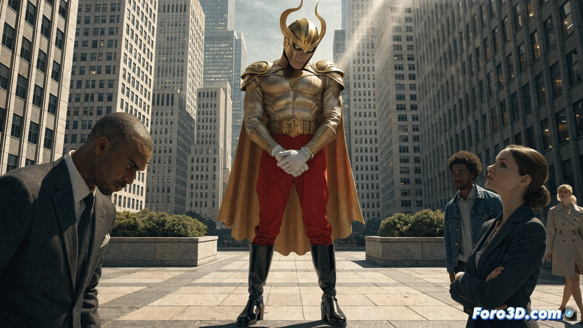 Triumph superhero emerging from a temporal distortion field, golden energy trails dissolving around his red and gold costume, while Justice League archival holograms flicker and erase his image mid-projection, abandoned Hall of Justice terminal showing corrupted data streams, translucent ghost-like silhouettes of forgotten team members fading into white light, cinematic comic book style, dramatic blue and amber lighting, particle effects scattering like digital dust, photorealistic render with comic-inspired textures, dynamic pose with one hand reaching toward disappearing history, cracked monitor screens reflecting erased timelines