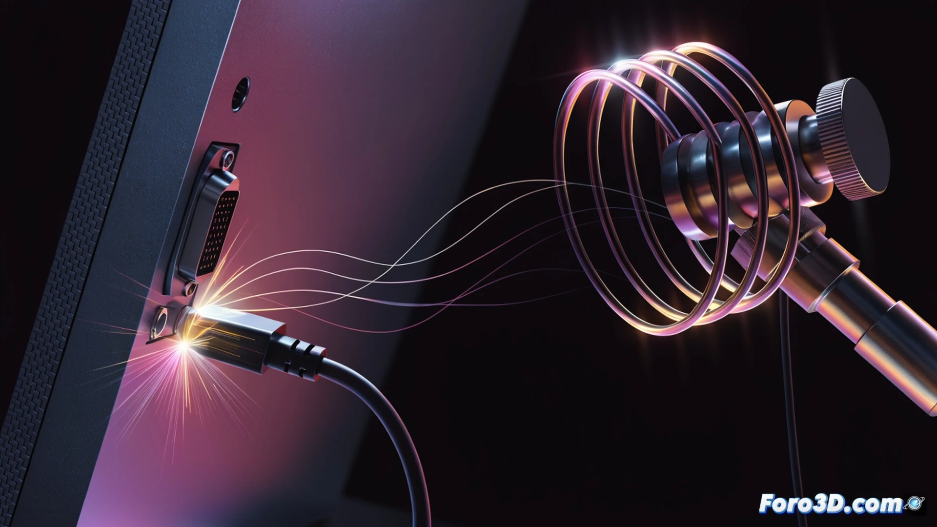 A hacker device with antenna pointed at a computer monitor cable, electromagnetic waves visualized as glowing blue arcs radiating from the video cable, a screen showing a padlock icon being cracked, the hacker wearing gloves and holding a portable receiver, data streams flowing through the cable into the attacker device, dark room with green ambient light, cinematic technical illustration, photorealistic engineering visualization, detailed circuit boards visible, focused action during data extraction, dramatic shadows highlighting the signal path, ultra-sharp industrial hardware, cyberpunk aesthetic