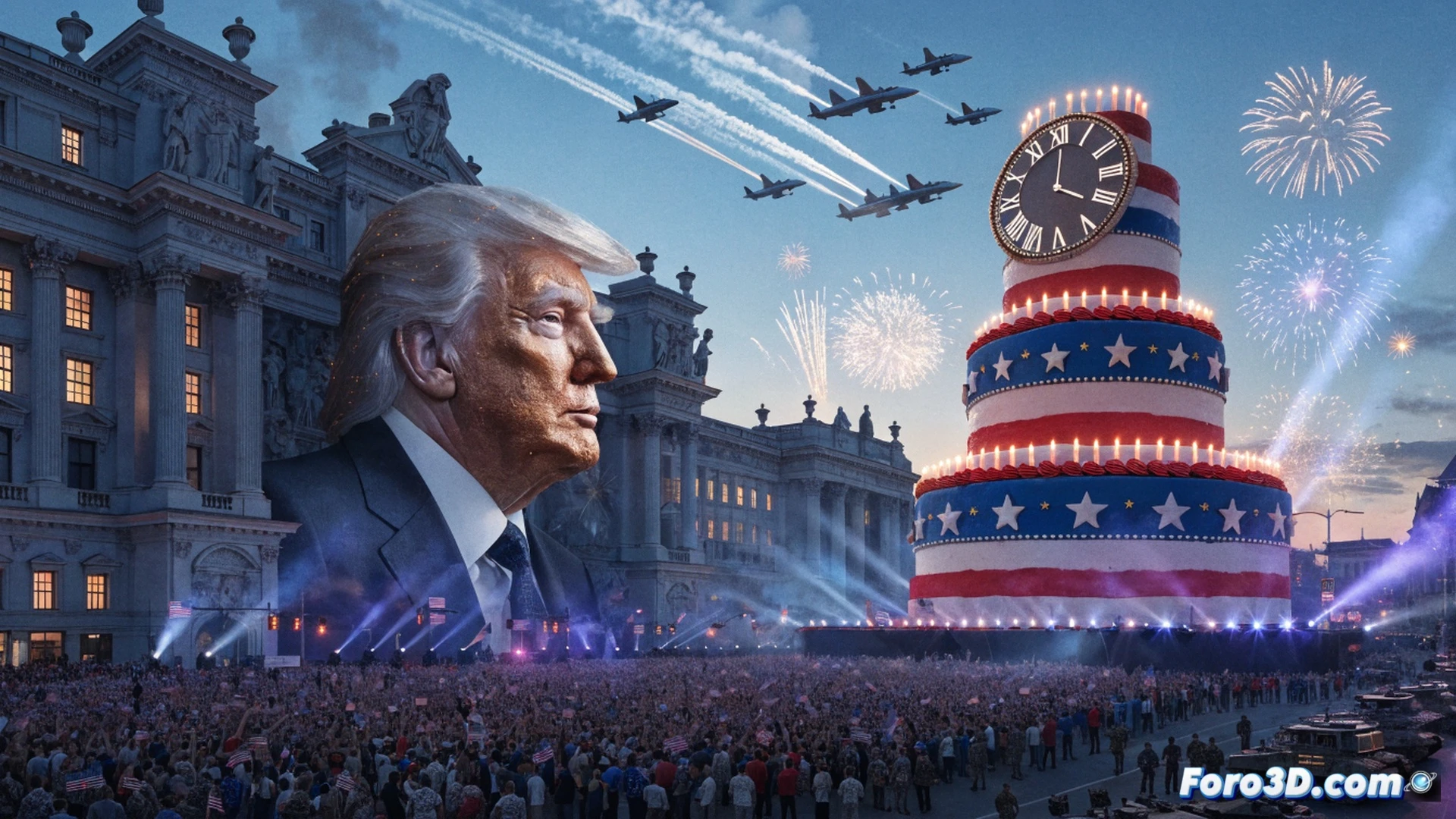 A massive American flag backdrop partially obscuring a golden birthday throne, military parade soldiers marching in perfect sync while their rifles transform into decorative candles, fireworks exploding in red-white-blue forming a crown shape above the scene, protestors holding blank signs near the edge, cinematic photorealistic style, dramatic low-angle lighting casting elongated shadows, hyper-detailed fabric textures and metallic reflections, crowd faces showing mixed expressions of awe and discomfort, technical illustration with precise crowd simulation and dynamic pyro effects