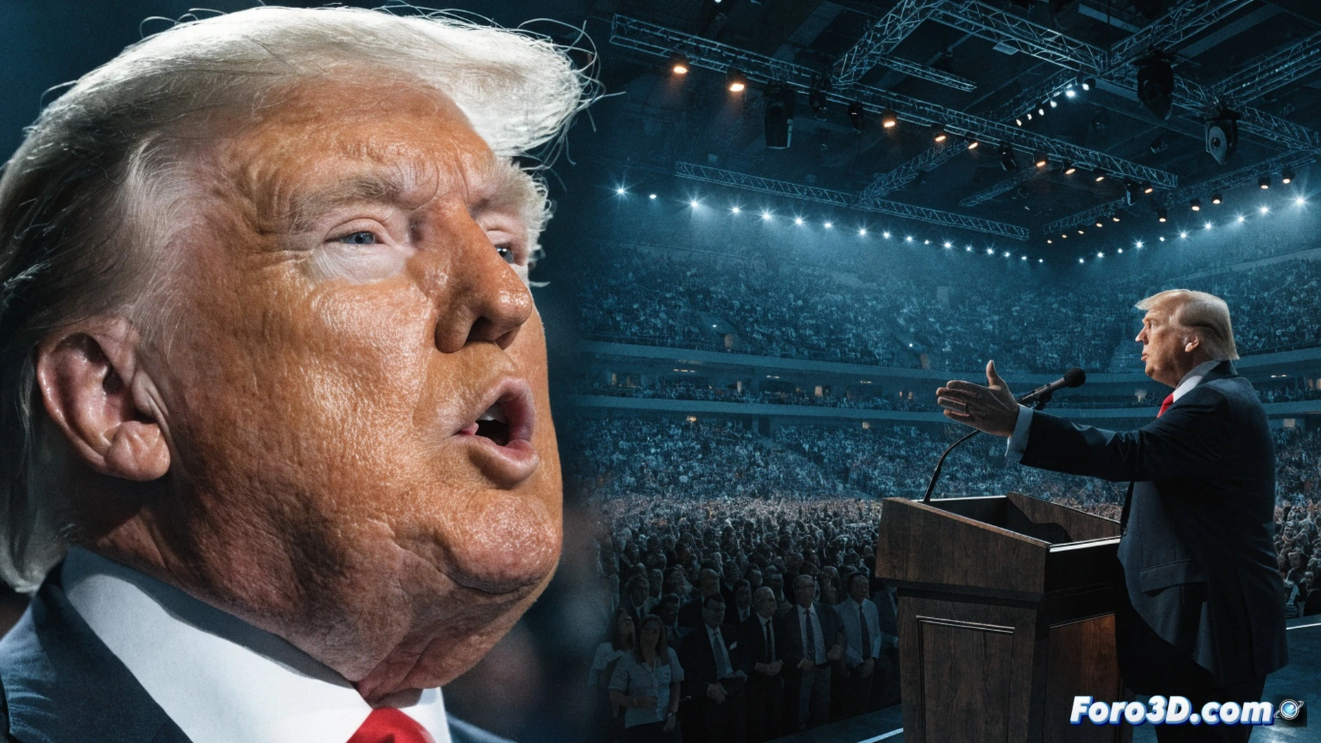 Photorealistic scene of a crowded convention hall with red and blue stage lighting, Donald Trump raising his hand while speaking at a podium with teleprompters, large screens displaying economic charts for taxes and employment, audience members holding smartphones recording, campaign staff working at laptops with data dashboards visible, American flags in background, dramatic cinematic lighting with warm tones, ultra-detailed crowd expressions, technical political rally visualization, high-angle shot showing organized seating and stage action