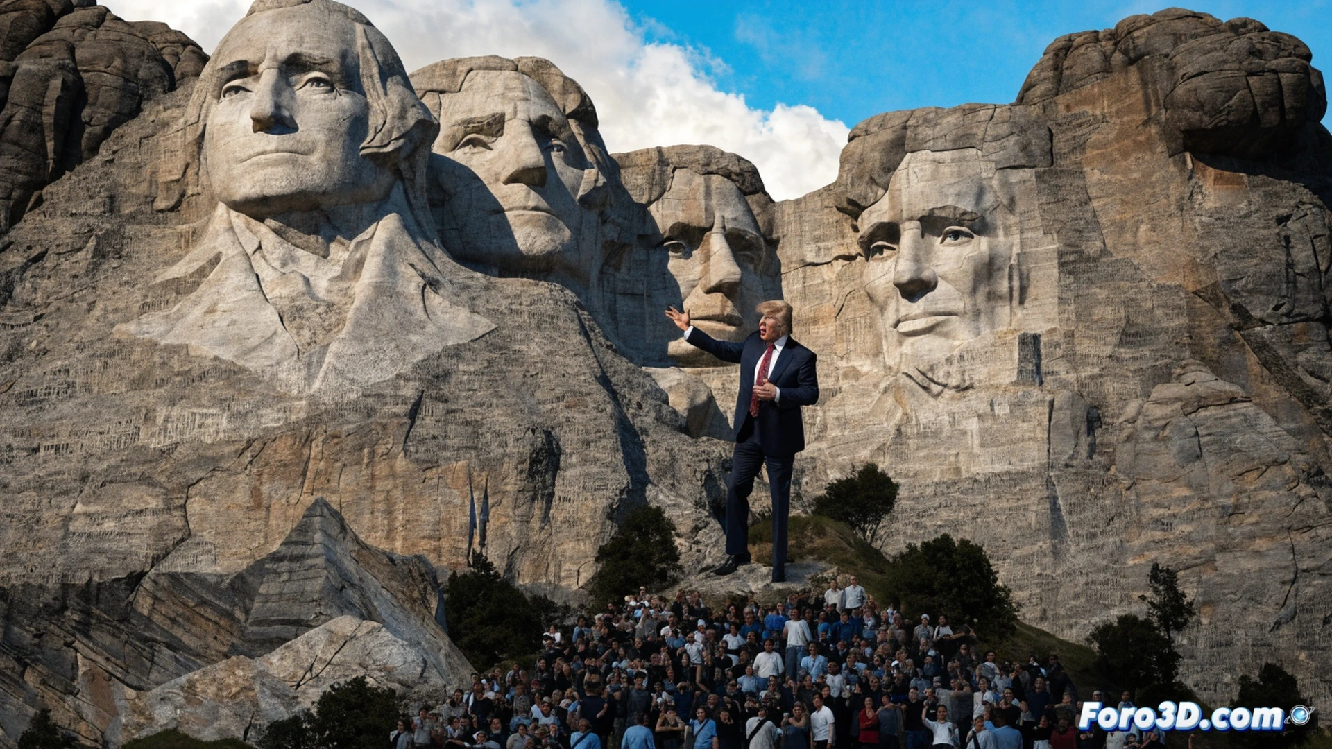 Monte Rushmore at sunset, stone faces of four presidents looming over a cracked digital screen displaying a map of the USA split by a glowing red line, a hand pressing a key on a rugged military laptop while a holographic hammer and sickle symbol floats above the crowd below, cinematic photorealistic engineering visualization, dramatic shadows across granite, sparks of code-like particles rising from the keyboard, polarized protesters visible as tiny silhouettes on the plaza, tension between unity and division, ultra-detailed rock texture, high-contrast lighting