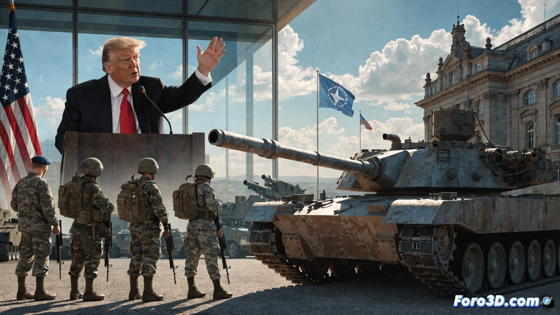 NATO command center map table with glowing European countries showing low defense spending percentages, Trump figure pressing a red button labeled troop withdrawal, military boots marching away from European map, while US dollar stacks labeled 999B tower over smaller euro coins, cinematic photorealistic engineering visualization, dramatic overhead lighting casting long shadows, tactical screens displaying budget graphs, reinforced concrete bunker interior, ultra-detailed geopolitical simulation render