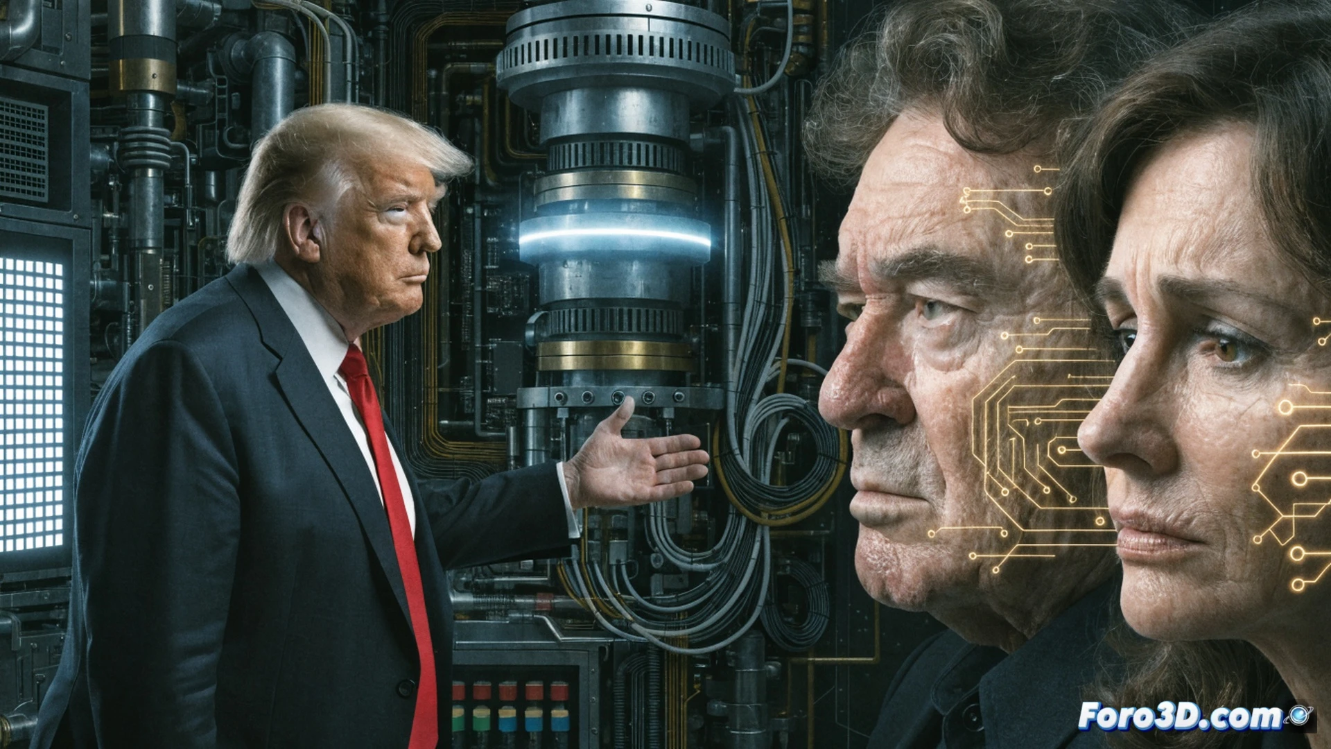 Photorealistic cinematic scene of a digital editing studio, a large monitor displaying Donald Trump face with glowing AI neural network lines overlaying Robert De Niro and Julia Roberts faces, their expressions shifting from angry to neutral during a digital healing process, a robotic arm with precision laser tool adjusting facial pixels on a holographic interface, scattered media icons and speech bubble fragments dissolving into digital dust, dramatic blue-red lighting, ultra-detailed circuitry visible on the editing console, realistic software UI panels with waveform patterns, technical illustration style, high contrast shadows, 8K render quality