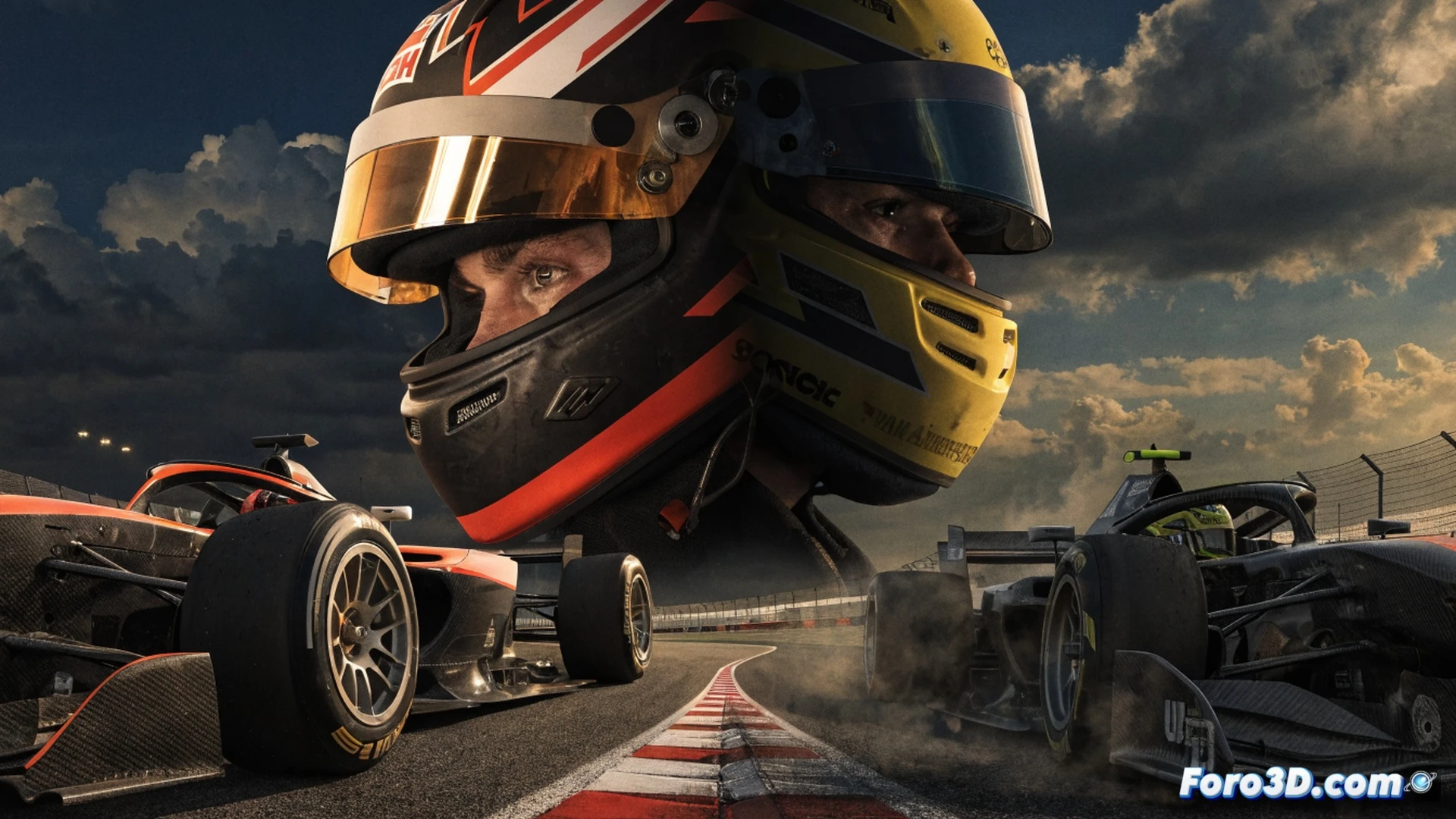 Formula 2 race car overtaking on final lap at Silverstone, front wing of Tsolov's vehicle millimeters from rear wheel of Minì's car, sparks flying from tire contact, pit wall timing screens showing 116 points tie, aerodynamic wake turbulence visible around both cars, cinematic engineering visualization, asphalt track surface with rubber marks, dramatic sunset lighting, motion blur on wheels, carbon fiber bodywork reflections, photorealistic technical render, high-speed action frozen at overtaking moment