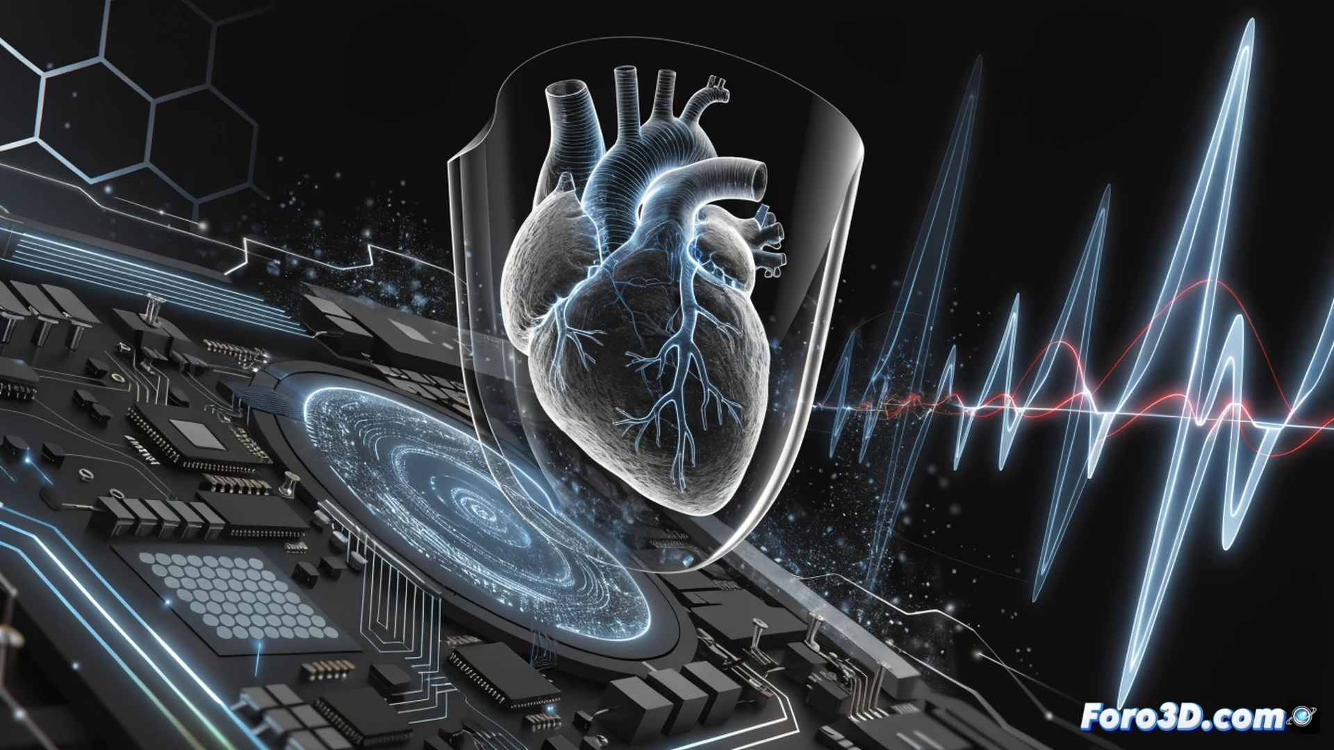 Human heart rhythm authentication system, person standing near a transparent holographic screen displaying real-time electrocardiogram waveform, invisible biometric scanning beams from a wall-mounted sensor aiming at the chest area, glowing blue pulse lines radiating from the heart region, no contact or finger touching, technical engineering visualization, dark futuristic control room with metallic surfaces, holographic interface showing pulsating cardiac patterns, subtle motion blur of heartbeats visualized as expanding rings, photorealistic cinematic render, cold blue and white lighting, ultra-detailed skin texture and sensor hardware, sleek minimalist design, dramatic shadows emphasizing security technology