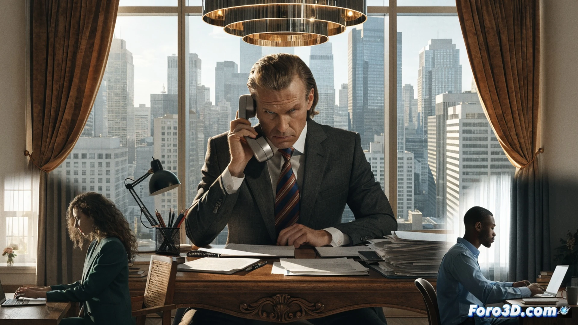 photorealistic office scene, a male manager with exaggerated posture and oversized shadow looming over a desk, while a laptop screen shows a video call interface with a remote worker icon fading away, manager’s hand gripping a paper document labeled with a house icon crossed out, desk cluttered with a mouse, keyboard, and a broken webcam, harsh fluorescent ceiling light casting sharp shadows, manager’s tie pulled tight, empty cubicles in background, cinematic lighting with cold blue and yellow contrast, technical visualization of power dynamics, ultra-detailed facial tension and body language