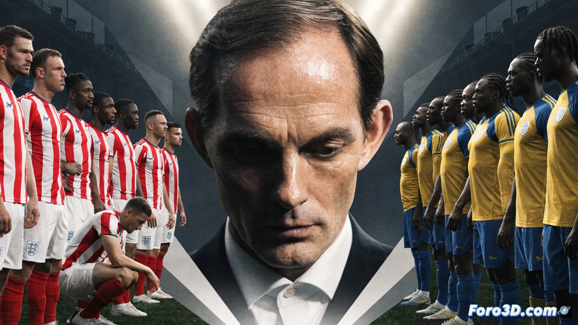 high-pressure football match scene, England jersey player executing a powerful sliding tackle on DR Congo opponent, ball spinning mid-air with intense motion blur, stadium floodlights casting dramatic shadows on wet grass, tactical whiteboard in background showing defensive formation diagrams, coach Thomas Tuchel figure observing with crossed arms, stress lines on player faces, photorealistic cinematic sports visualization, dramatic side lighting, sweat droplets frozen in time, crowd blurred in stands, tension visible in body language, ultra-detailed fabric textures, realistic grass deformation from cleats, high-speed shutter effect capturing decisive moment