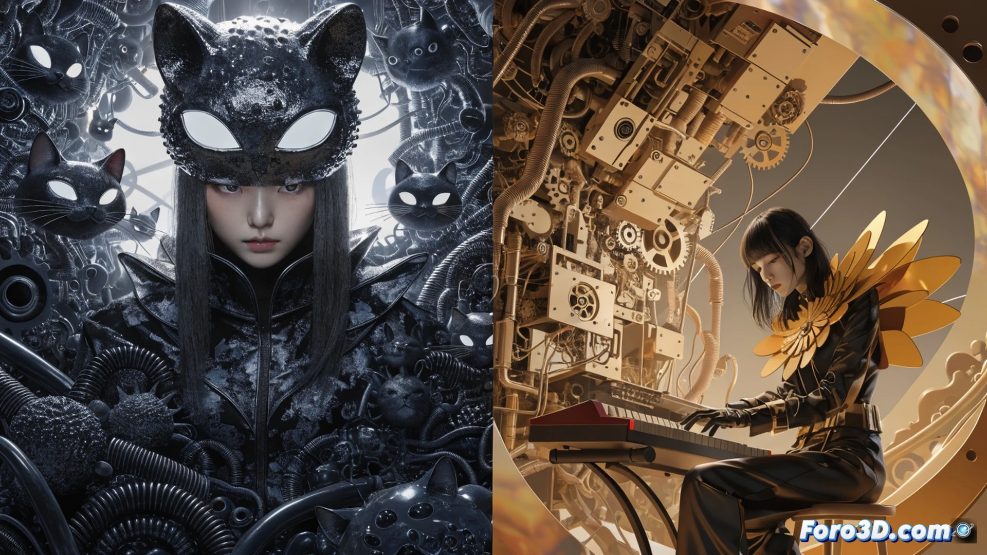 Tujiko Noriko sentada en un estudio de grabación francés, rodeada de sintetizadores modulares y cables patch, mientras acaricia a un gato negro que camina sobre un teclado MIDI, ondas sonoras visualizadas como líneas vibrantes de color púrpura y naranja emergiendo de los altavoces, partituras desordenadas con dibujos de gatos, luces de estudio parpadeando en tonos cálidos, atmósfera de experimentación caótica, equilibrio entre disonancia y armonía, estilo cinematográfico con iluminación dramática, texturas analógicas y digitales mezcladas, photorealistic technical render