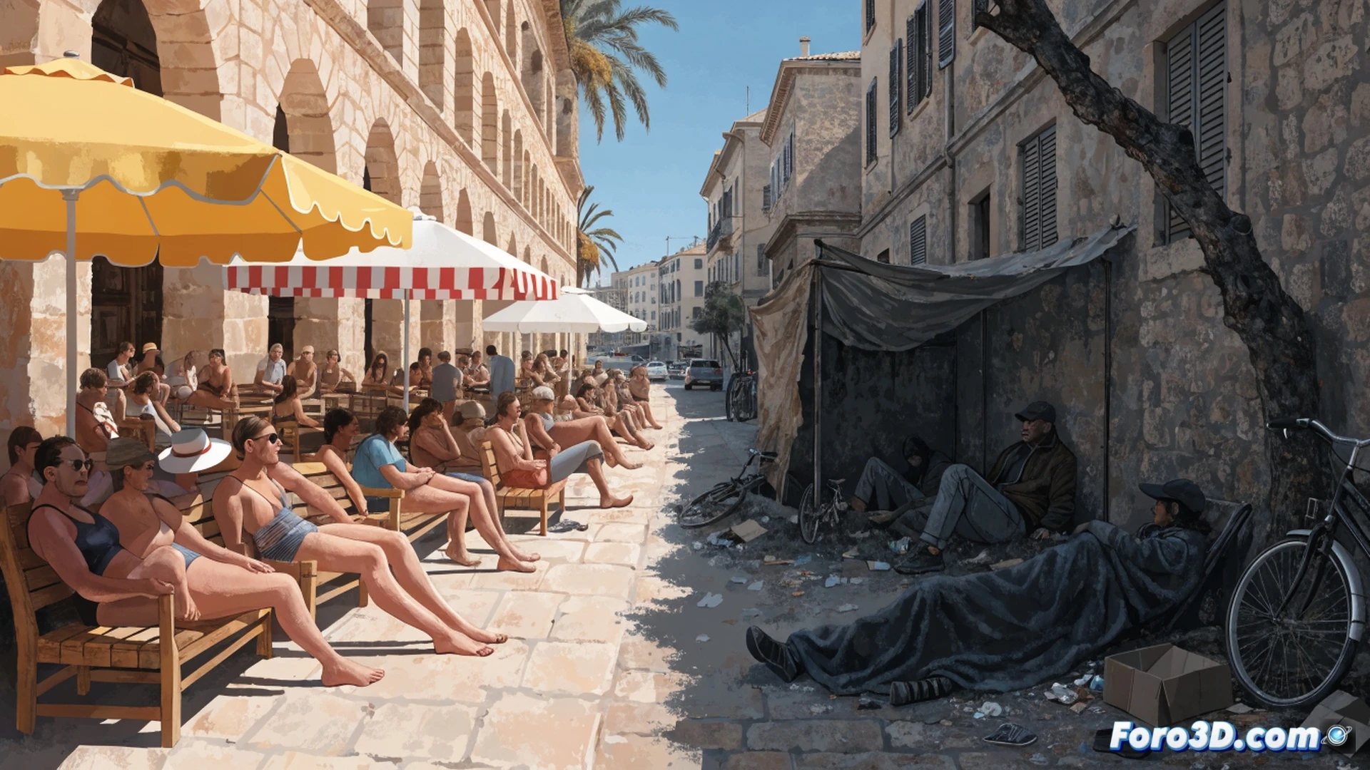 urban street scene at golden hour, Mallorca, crowded terrace full of tourists drinking cocktails, laughing, smartphones recording, in foreground a middle-aged local man sleeping on cardboard under a broken ATM machine, his worn backpack and empty coffee cup nearby, contrast between luxury consumption and homelessness, cinematic photorealistic style, dramatic shadows, warm sunlight hitting the terrace umbrellas while the man stays in shadow, hyper-detailed textures of cobblestones and graffiti, social commentary visual, no text or numbers visible
