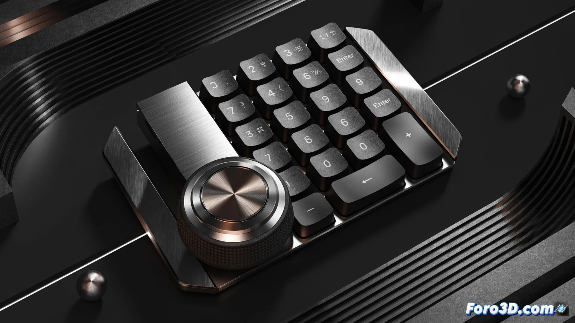 Modular mechanical numpad detached from full keyboard setup, gamer hand pressing programmable dial while RGB backlight glows under keys, 28 keycaps arranged in compact grid, USB cable connecting to laptop showing on-screen game inventory menu, titanium gray metallic surface reflecting studio softbox light, cinematic product photography, extreme close-up on thumb rotating aluminum encoder, shallow depth of field blurring background peripherals, hyper-realistic brushed metal texture, dramatic side lighting emphasizing keycap profiles, technical hardware showcase style