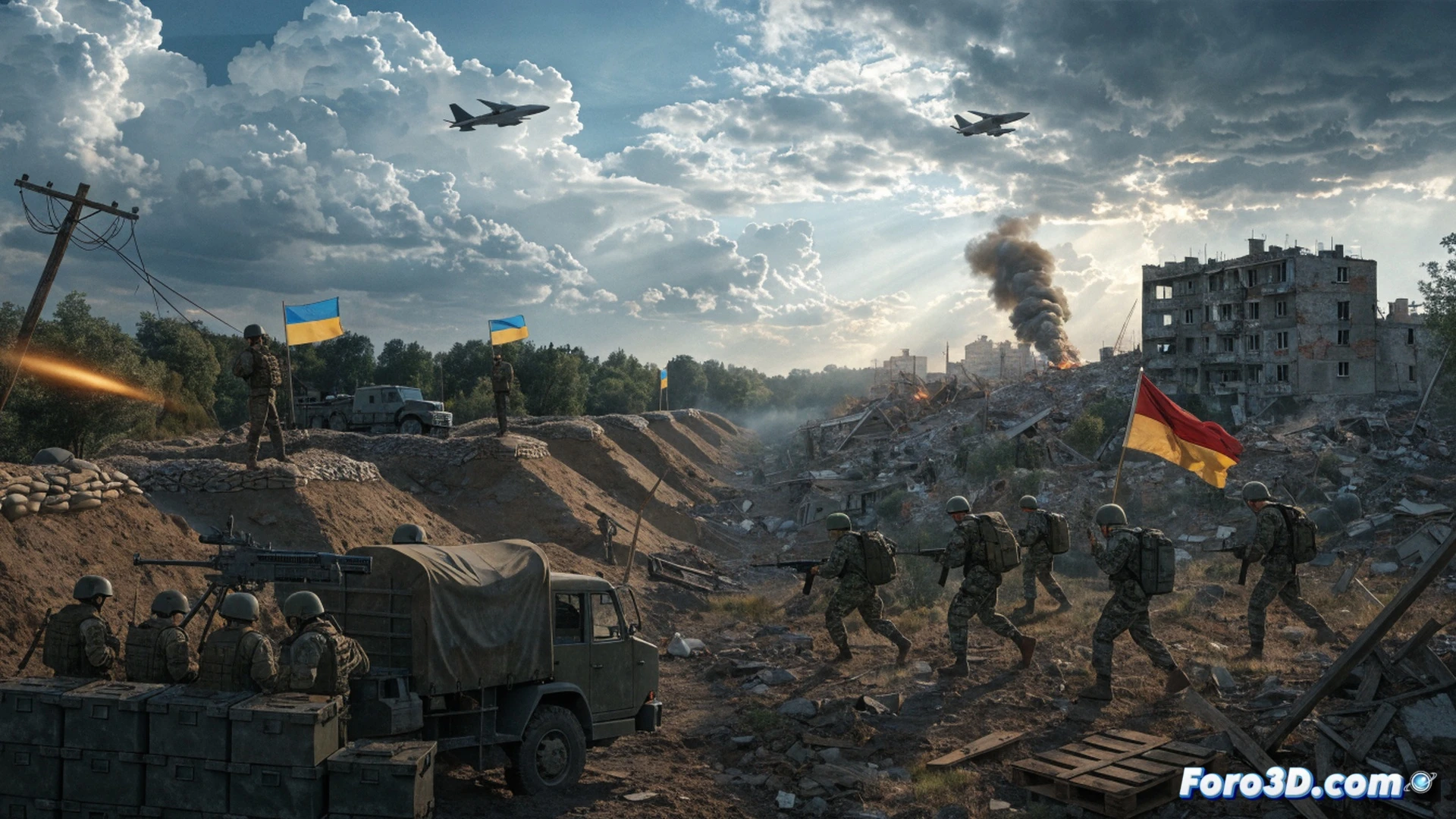 Ukrainian soldier pointing at a damaged city map on a ruggedized tablet, drone feed visible in background showing contested Konstantinovka streets, smoke rising from distant buildings, military radio crackling with contradictory signals, photorealistic warzone documentation style, tactical gear with mud stains, tablet screen displaying satellite grid overlay, shattered window framing a blurred tank column, dramatic overcast lighting, dust particles suspended in air, intense focus on the soldier's hand tracing a disputed frontline, ultra-detailed texture on concrete rubble, cinematic conflict photography aesthetic