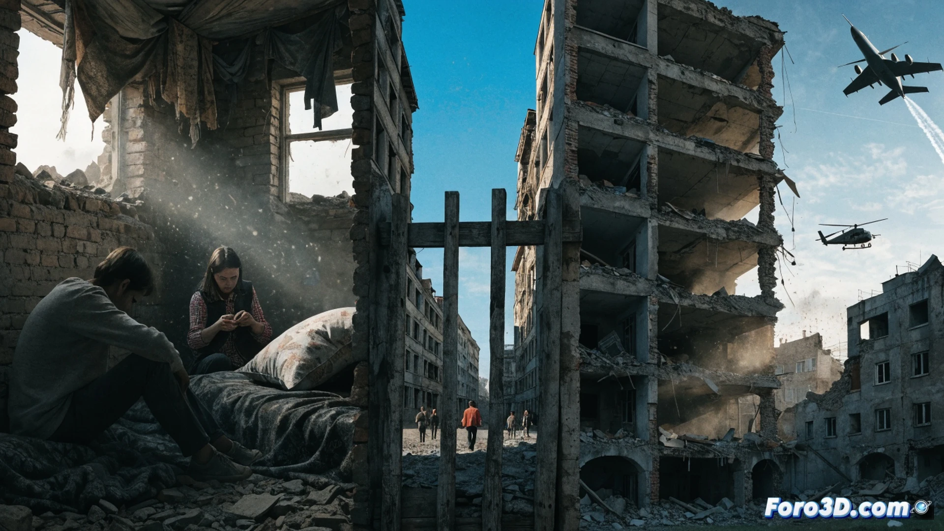 Photorealistic cinematic scene of a worn temporary shelter interior, displaced family huddled on concrete floor, dust-covered suitcases and broken electronics scattered, flickering emergency LED light casting long shadows, single laptop with cracked screen showing blank news feed, empty water bottles and rusted tools nearby, elderly woman clutching faded photo, child staring at faint light through boarded window, cold blue-grey color palette, deep shadows, photorealistic humanitarian documentary style, ultra-detailed textures of peeling paint and frayed fabric