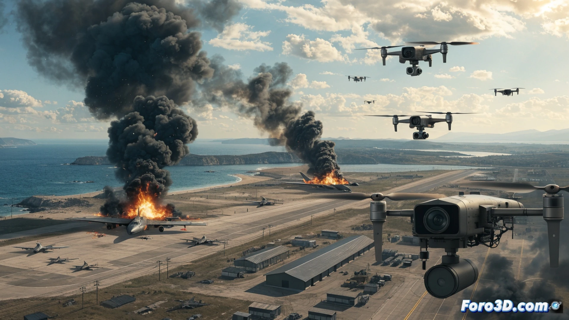 nighttime drone strike on Russian airbase in Crimea, multiple explosions illuminating parked Su-30 and Su-24 aircraft, hangars and runway control tower in background, drones diving toward fuel depots and hardened aircraft shelters, smoke and debris rising, digital thermal imaging overlay with trajectory lines, cinematic military action scene, photorealistic technical illustration, dramatic orange firelight contrasting with dark sky, ultra-detailed metal surfaces and rotor blades, high-contrast tactical lighting