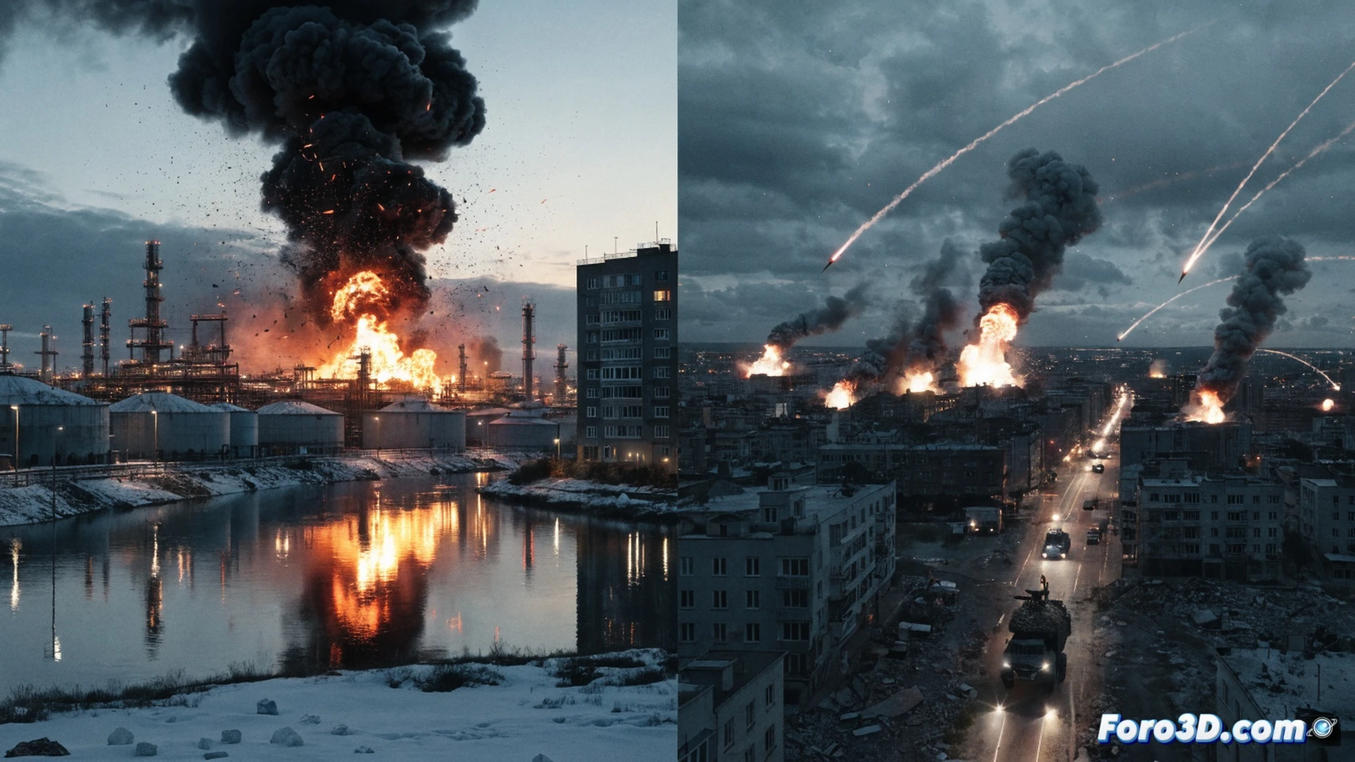 oil refinery storage tanks near St. Petersburg exploding in a night strike, flames and black smoke rising, shockwave rippling across a frozen river, Ukrainian drone silhouette overhead, Russian military radar dish damaged in foreground, global fuel price graph collapsing in the background sky as a holographic overlay, cinematic photorealistic war journalism style, dramatic orange and grey lighting, debris fragments frozen mid-air, ultra-detailed industrial destruction, wide-angle lens perspective showing the scale of the attack