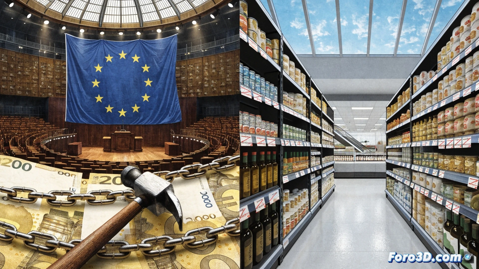 European Union flag fabric tearing apart as a Star of David emblem remains intact, supermarket shelf with price tags increasing on olive oil jars labeled with settlement origin, customs inspection scanner showing prohibited trade routes crossing into disputed territories, photorealistic technical visualization, harsh fluorescent lighting over checkout counter, barcode scanner beam cutting through empty shopping cart, broken EU trade sanctions document being shredded, consumer receipt rolling out with red price surcharges, dramatic shadow of political map over grocery aisle, ultra-detailed product packaging textures, cinematic economic tension scene