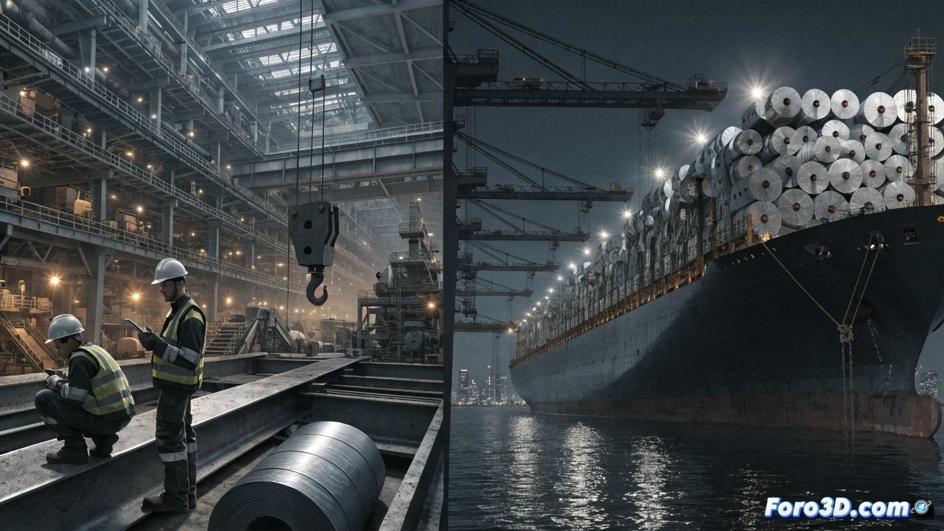 steel mill factory interior, massive glowing furnace pouring molten metal into casting molds, towering crane lifting steel coils overhead, Chinese flag partially visible on shipping container in background, EU flag on control room window, customs officer inspecting documents while factory workers monitor production lines, photorealistic industrial scene, dramatic forge lighting, sparks flying, heavy machinery in action, smoke and steam rising, detailed mechanical components, conveyor belts with steel slabs, high contrast shadows, technical illustration style, 8k quality