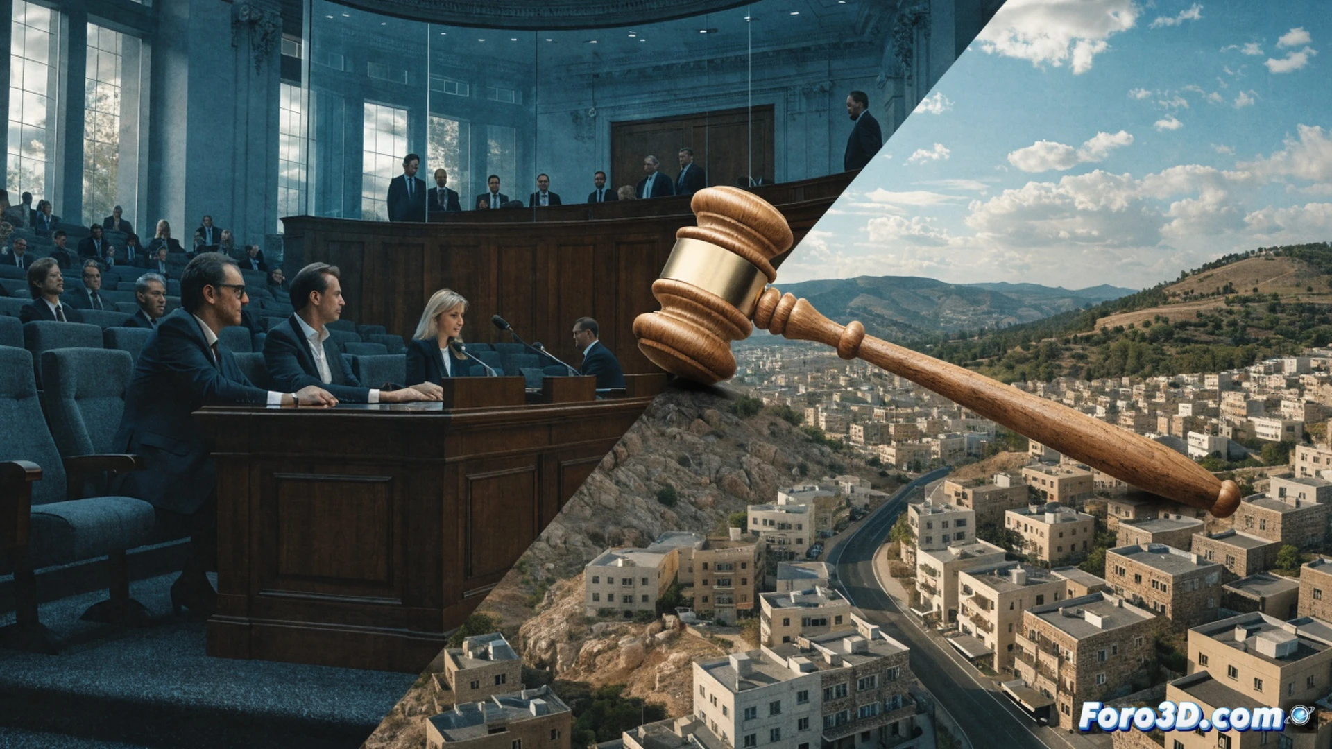European Union council chamber interior, 27 empty seats arranged in a circle, a broken gavel lying on a polished wooden table, a torn legal document labeled in faded ink with settlement sanctions text, a clock frozen at decision time, a single EU flag drooping motionless, cinematic photorealistic render, dramatic chiaroscuro lighting casting long shadows across the floor, dust particles suspended in a beam of light, ultra-detailed wood grain and fabric textures, scene demonstrating political stagnation and procedural deadlock, technical architectural visualization style