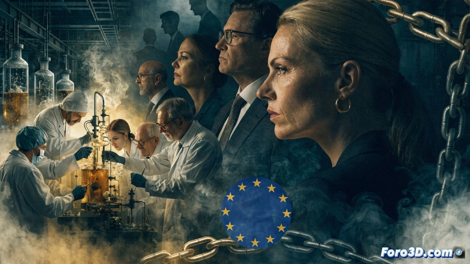 cinematic scene of a sterile high-security laboratory, six scientists in hazmat suits handling vials of epibatidina toxin under red warning lights, a computer monitor displaying molecular structure diagrams and EU sanctions documents, chemical synthesis equipment with bubbling flasks and complex glassware, robotic arms sealing toxin containers, surveillance cameras on walls, cold blue and metallic gray lighting, photorealistic technical illustration, industrial safety barriers, glowing hazard symbols, focused action of a scientist injecting a sample into a mass spectrometer, dramatic shadows, ultra-detailed lab equipment
