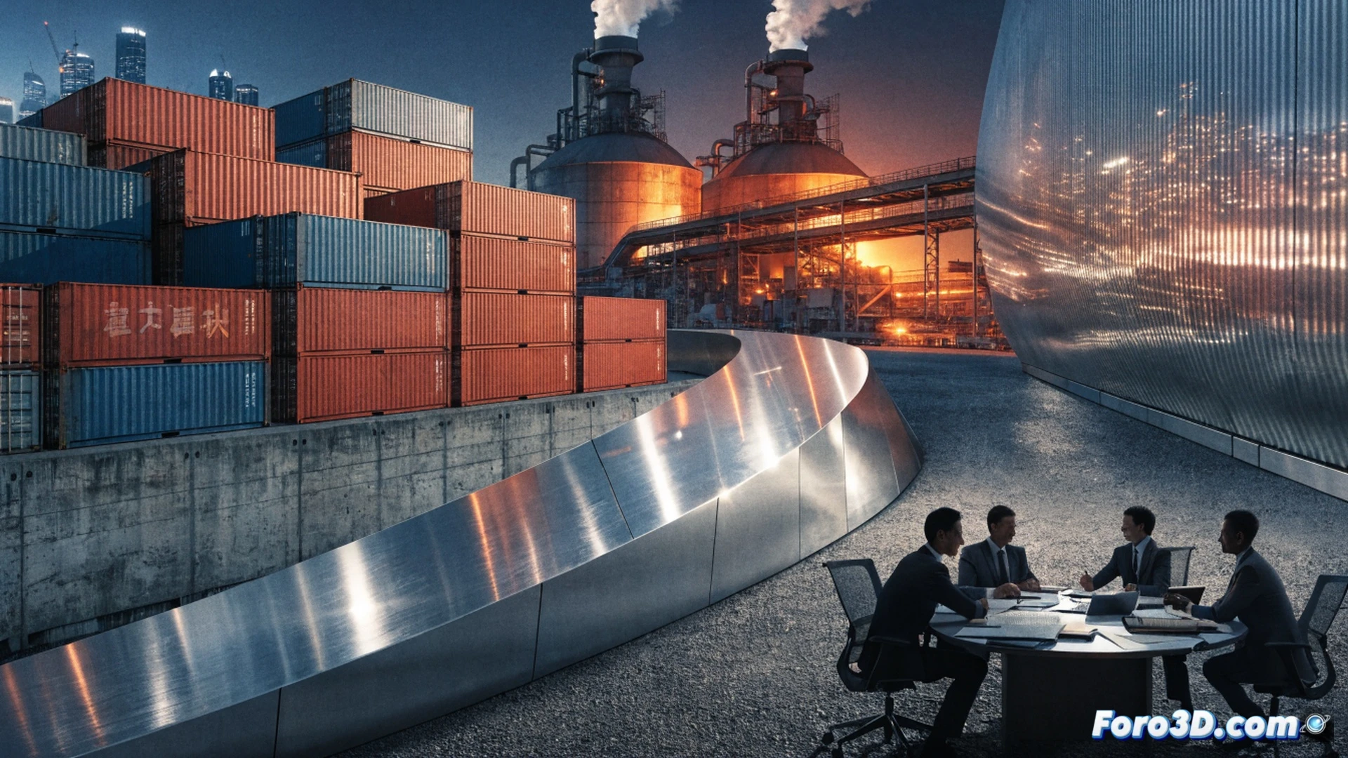 customs inspection conveyor belt scanning a stack of steel coils and small e-commerce packages, Chinese flag emblem faintly visible on a box corner, EU customs officer holding a tablet showing rising tariff graph overlay, industrial scanner emitting blue light beam across the packages, steel coil surface with visible metallic grain and mill scale texture, conveyor rollers in motion during scanning process, cinematic technical illustration, cold blue-gray lighting with warm orange accents from warning lights, ultra-detailed mechanical components, photorealistic engineering visualization, depth of field focusing on the scanning interaction