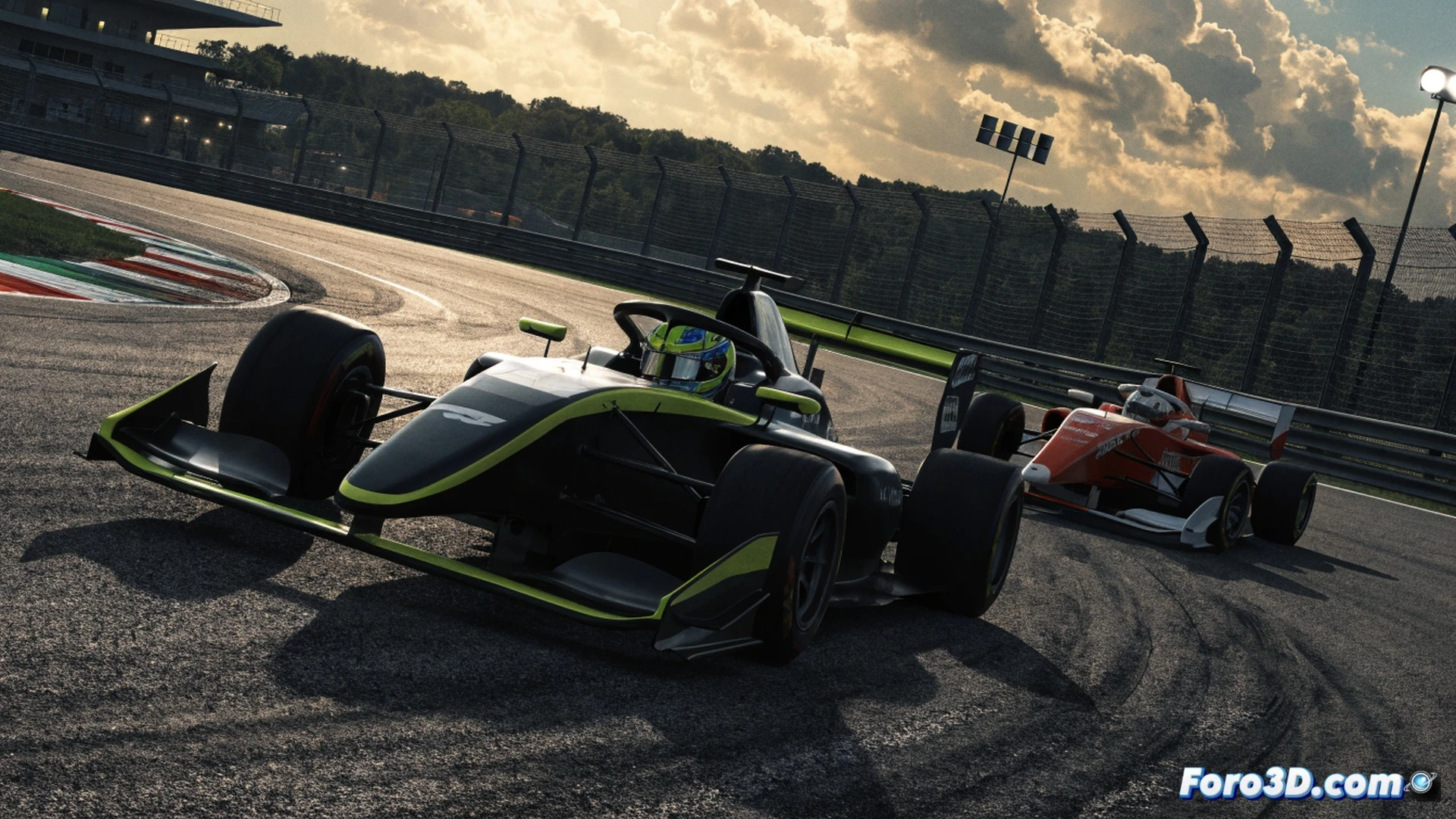 Fórmula 3 racing car at speed on Silverstone track, front wing and rear diffuser generating visible aerodynamic downforce, sparks flying from titanium skid blocks on the asphalt during high-speed cornering, two cars side by side in a battle for position, tires smoking from intense braking and traction forces, engineering visualization with cutaway showing suspension components and brake calipers glowing red from heat, cinematic lighting with dramatic shadows, motion blur on wheels and track surface, photorealistic technical render, intense competition atmosphere