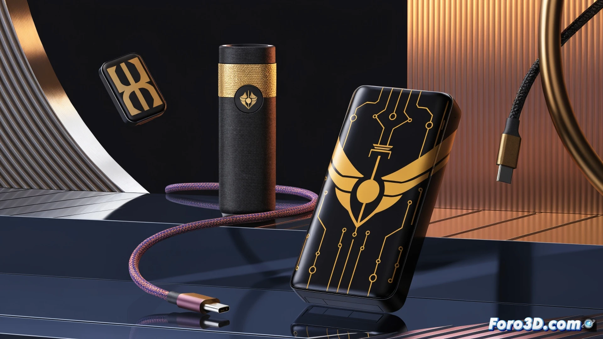 colección de accesorios móviles Honkai Star Rail, power bank plateado con diseño de Yao Guang conectado a un smartphone mediante cable USB-C, cargador de pared junto a un rastreador circular sobre una superficie metálica, luz ambiental suave reflejándose en los dispositivos, etiqueta de descuento flotando sobre los productos, demostración de carga en progreso mientras el cable transmite energía, estilo fotorealista cinematográfico, iluminación de estudio con sombras suaves, texturas detalladas de plástico y metal, fondo oscuro con motivos geométricos del juego, render técnico publicitario de alta calidad
