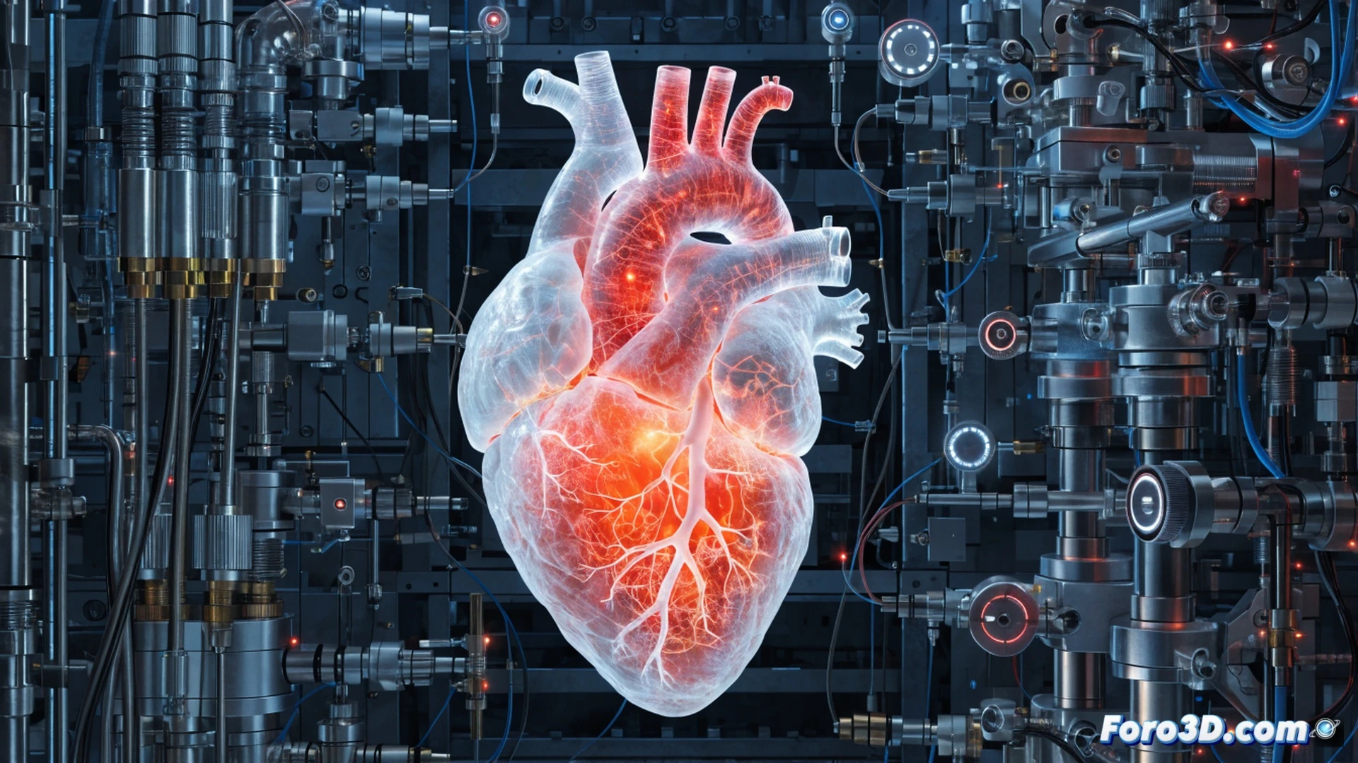 photorealistic engineering visualization of a soft robotic heart made of translucent silicone, suspended in a transparent testing chamber, clear fluid pumping through flexible valves while a thin catheter enters from the left side, internal chambers expanding and contracting during simulated heartbeat, miniature pressure sensors attached to outer surface with thin wires, soft robotic material deforming naturally, glowing blue and red fluid flow patterns visible inside, dark laboratory background with subtle rim lighting highlighting the soft material texture, metallic surgical instruments resting nearby, ultra-detailed mechanical and biological hybrid design, cinematic medical research lighting