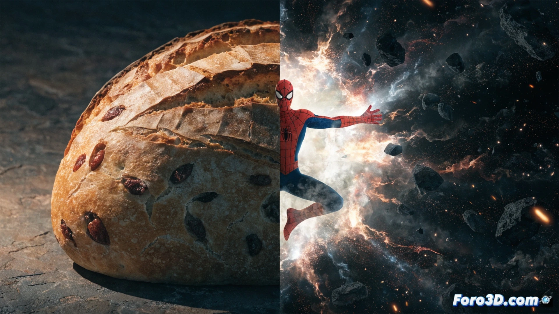 Peter Parker, vestido con un traje de Spider-Man desgastado, sosteniendo una barra de pan frente a una figura energética de Molecule Man, ambos flotando en un vacío cósmico mientras el universo Ultimate se desintegra en partículas brillantes alrededor, ondas de choque rompiendo planetas lejanos, un solo rayo de luz iluminando el gesto, mientras héroes y villanos se desvanecen en cenizas, estilo cinematográfico épico, colores vibrantes y contrastes dramáticos, texturas detalladas de polvo estelar y fragmentos de realidad, composición simétrica con foco en la conexión entre ambos personajes
