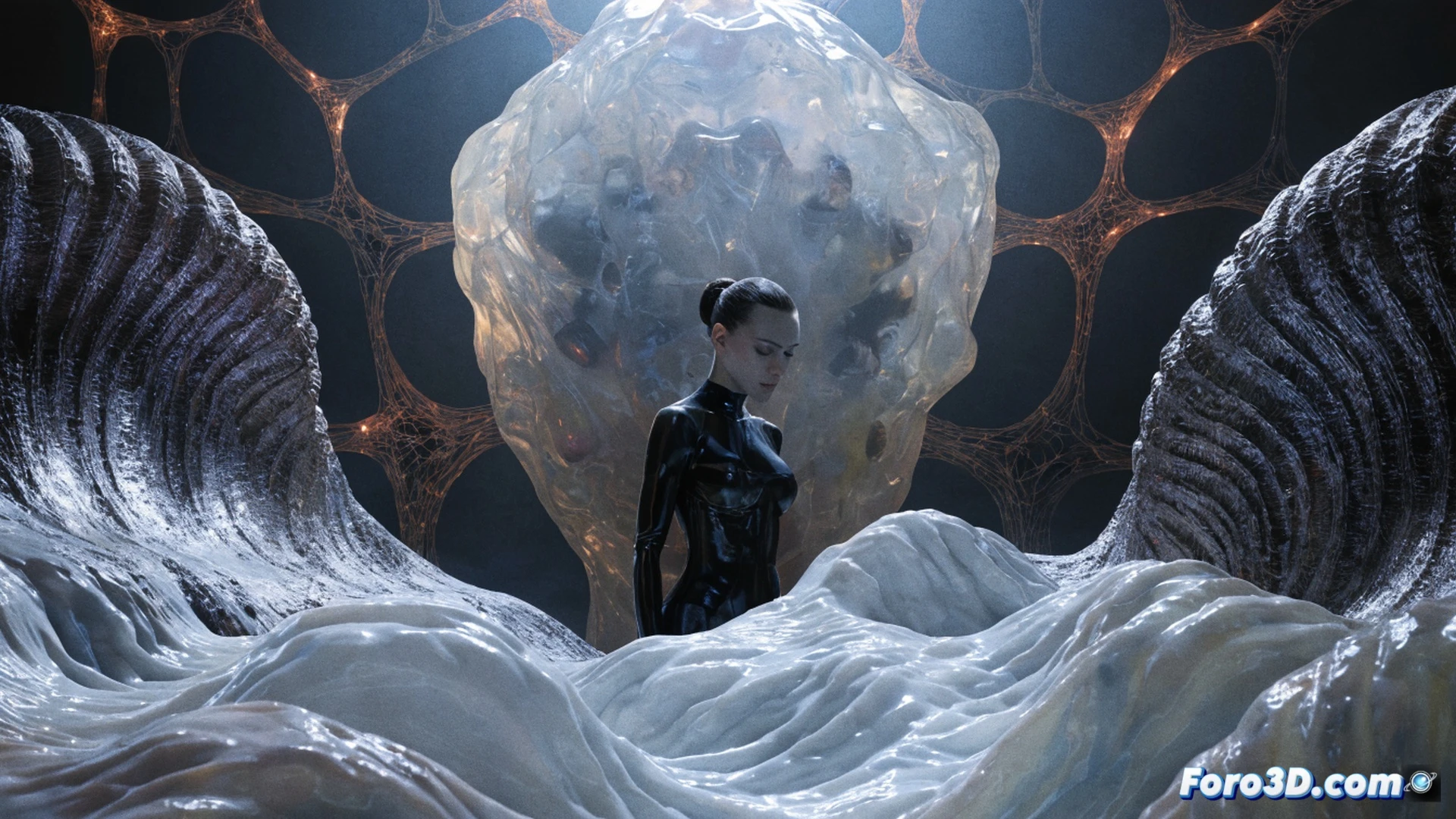alien entity in a human female form standing in a dark industrial hangar, translucent skin peeling back to reveal a glossy black non-human interior surface, bright white surgical light reflecting off exposed biomechanical components, metallic tools scattered on a steel table nearby, monitoring screens displaying distorted biometric data, cold blue and grey color palette, cinematic photorealistic science fiction style, hyper-detailed skin texture showing the peeling process, dramatic side lighting emphasizing the contrast between human appearance and alien structure, sharp focus on the transformation area, shallow depth of field blurring the background machinery