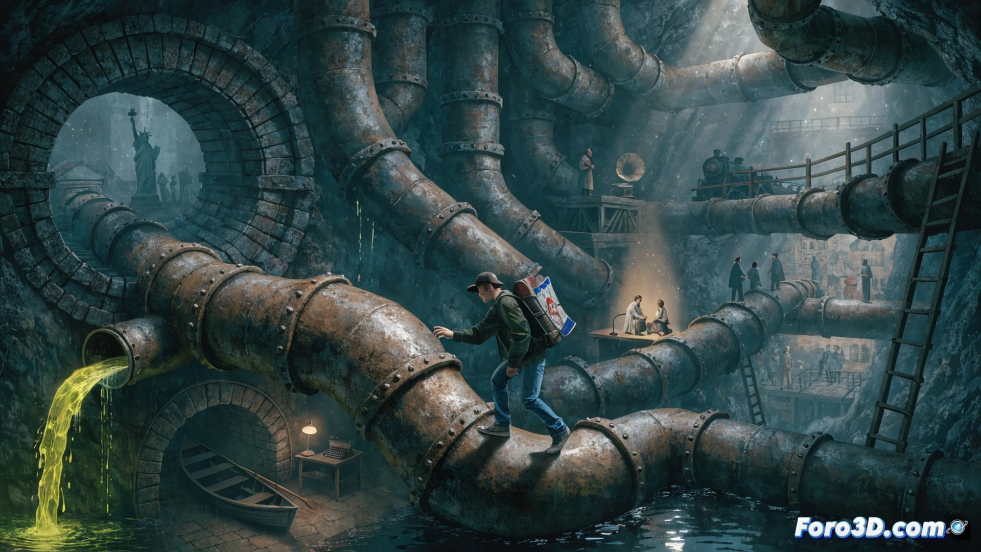 young man kneeling at open manhole, losing silver ring into dark sewer water, glowing historical diorama visible below: tiny Civil War soldiers charging across miniature battlefield, steam locomotives crossing wooden trestle bridges, old-fashioned streetlamps illuminating cobblestone paths, Nintendo Switch console resting on ground beside him with eShop pre-order screen glowing, nostalgic adventure game atmosphere, cinematic lighting from underground golden haze, photorealistic technical illustration, detailed sewer grate texture, water reflections, dramatic contrast between modern street and historical miniature world, action frozen at moment of discovery