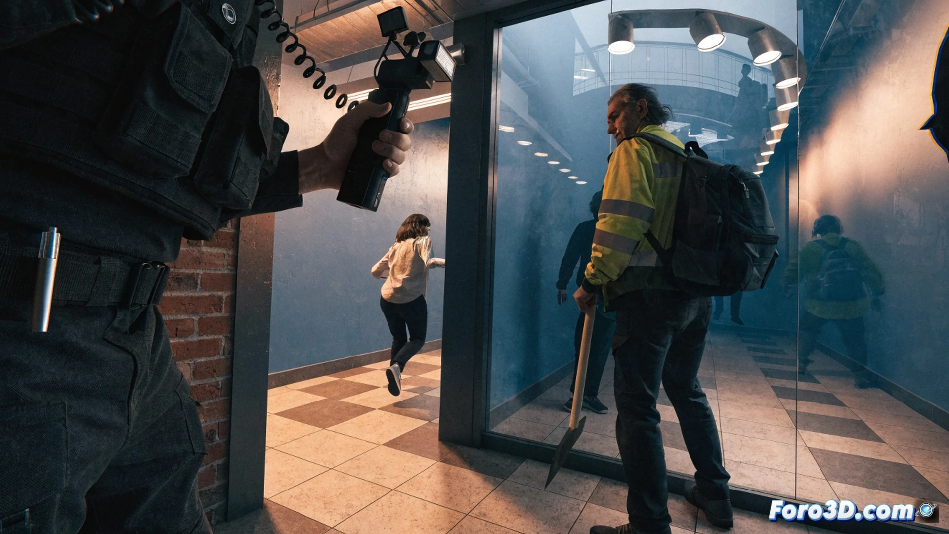 first-person bodycam perspective game scene in Unreal Engine 5, player hand holding a tactical flashlight while scanning a dimly lit warehouse corridor, realistic lens distortion and chromatic aberration visible on screen edges, real-time ray tracing reflections on wet concrete floor, volumetric fog interacting with flashlight beam, photorealistic cinematic visualization, ultra-detailed textures showing dust particles floating in light, motion blur on fast head movement, industrial shelving and scattered debris creating depth, dramatic low-key lighting with high contrast shadows, technical demonstration of bodycam aesthetic in game engine