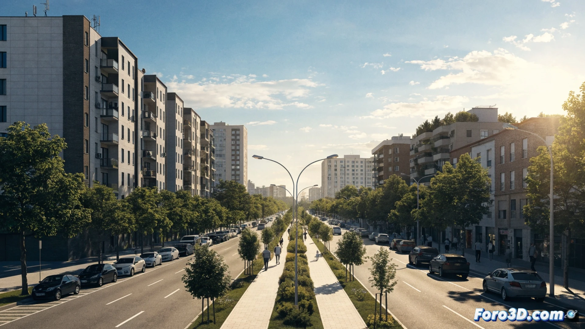Vista aérea de una calle urbana transformada, operarios retirando las últimas vallas metálicas y conos de obra mientras vecinos cruzan un nuevo paso peatonal con aceras amplias y árboles recién plantados, un antiguo asfalto agrietado contrasta con el pavimento liso y las marcas viales frescas, camión de asfalto retrocediendo, grúa pequeña colocando una farola LED, ingenieros revisando planos digitales en una tableta, estilo visual de ilustración técnica fotorrealista con iluminación solar de mediodía, sombras nítidas, texturas de hormigón y asfalto detalladas, ángulo cenital con ligera perspectiva, colores vivos y limpios