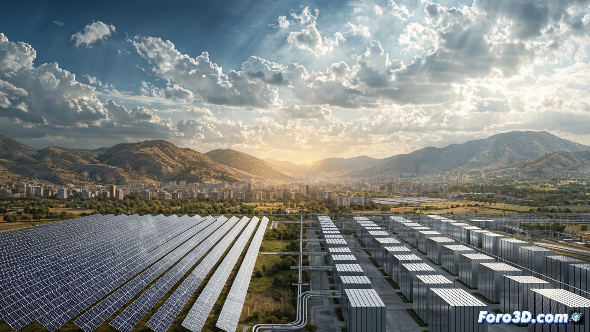 solar panel installation on a vast Uzbek desert plain, workers connecting battery storage units to a substation, high-voltage transmission lines stretching toward a modern city skyline in the background, midday sun casting sharp shadows, technical engineering visualization with clean geometric layouts, photovoltaic arrays reflecting bright light, industrial cranes lifting battery containers, dust particles suspended in hot air, photorealistic render with dry terrain and metallic structures, action of assembling renewable energy infrastructure