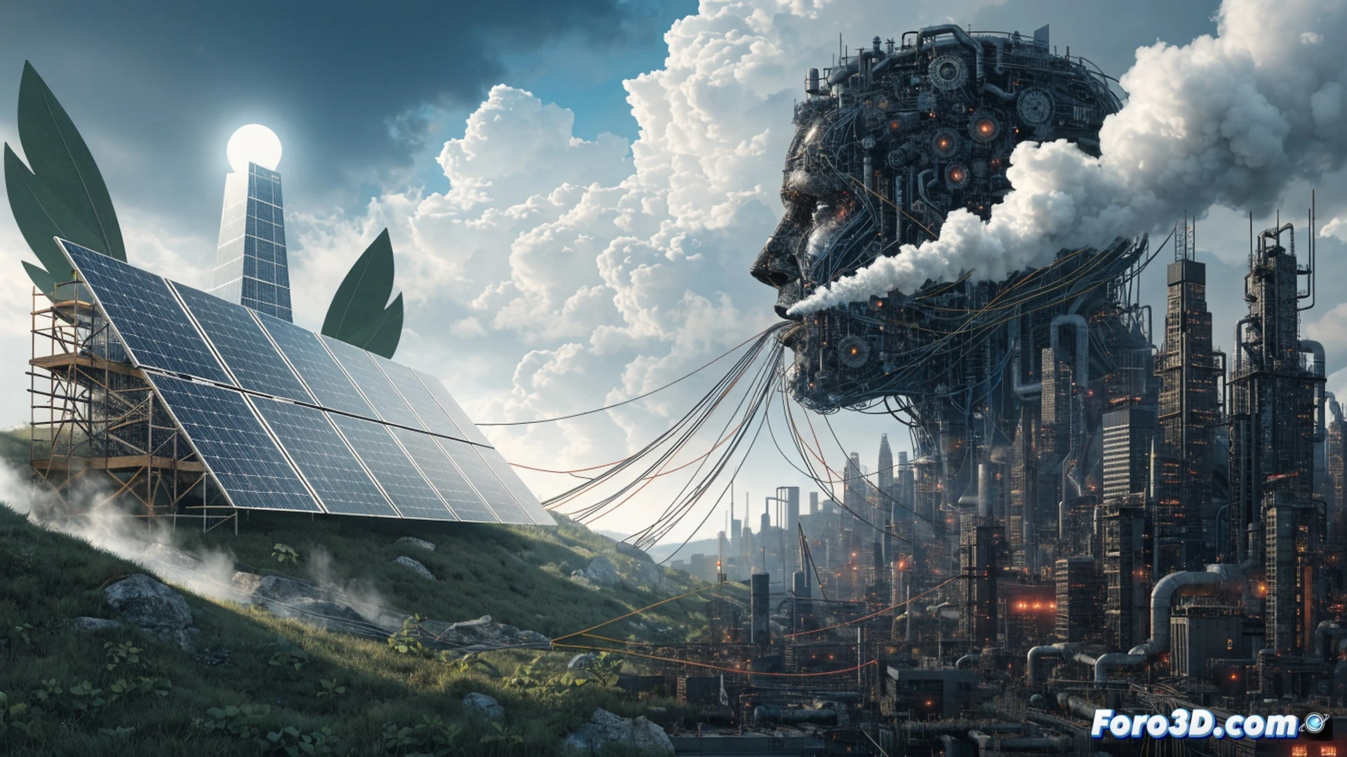 solar panel installation on a barren Central Asian landscape, workers connecting inverter cables to a large battery storage unit, while in the background a luxury yacht emits dark smoke near a distant oil refinery, technical illustration style, showing energy flow arrows from panels to city grid, contrast between clean infrastructure and industrial pollution, dusty desert wind blowing through copper wiring, realistic engineering visualization, overhead electrical pylons fading into smog, dramatic chiaroscuro lighting, ultra-detailed photovoltaic cells and grid components