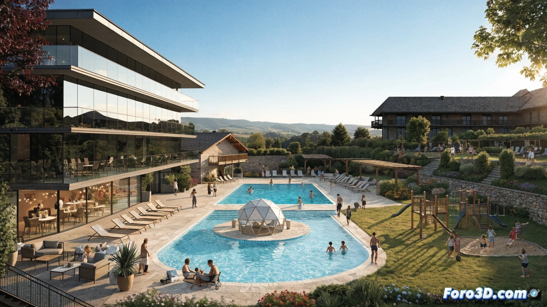 Familia feliz en piscina interior del hotel, niños pequeños chapoteando mientras padres relajados observan desde hamacas cercanas, otro niño gateando en área de juegos con alfombra antideslizante, mochilas portabebés colgadas en perchero mural, mostrando proceso de descanso sin estrés durante vacaciones familiares, photorealistic cinematographic scene, luz natural suave desde ventanal, tonos cálidos y acogedores, ambiente tranquilo sin juicio visual, detalles técnicos de seguridad infantil en bordes de piscina y juguetes de goma, estilo cinematográfico de alta calidad