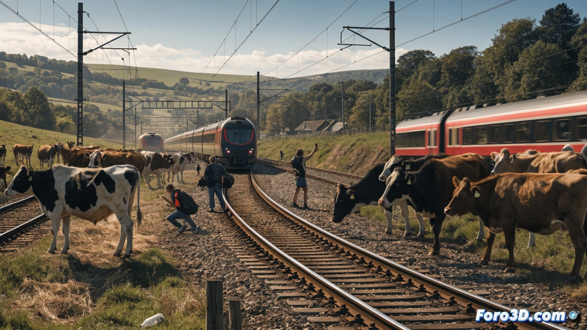 Photorealistic cinematic scene of a herd of cows blocking railway tracks in rural Staffordshire, Avanti West Coast high-speed train emergency braking, sparks from wheels on steel rails, cows standing on ballast between rails, train headlights illuminating foggy countryside, signal gantry showing red danger lights, overhead catenary wires, railway sleepers and gravel detailed, dramatic cloudy sky, motion blur on train, realistic fur textures, muddy hooves, technical railway infrastructure, tense atmosphere, ultra-detailed engineering visualization