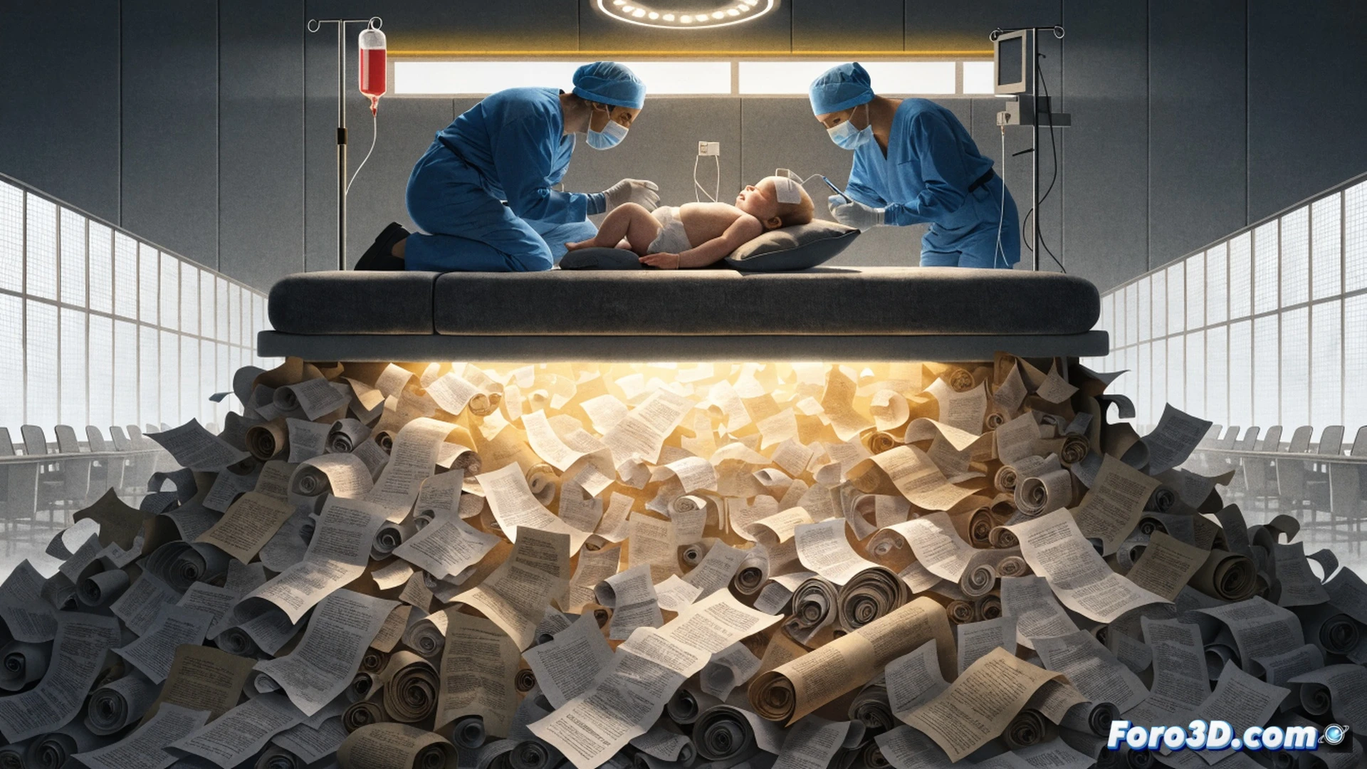 Hospital room scene at night, medical team stabilizing a six-week-old infant on a monitoring bed, neonate connected to vital sensors and IV lines, doctor adjusting a portable ultrasound probe while nurse checks a digital tablet showing stabilized vitals, paperwork on a nearby desk visibly untouched, warm clinical lighting contrasting with cold bureaucratic forms, photorealistic medical documentary style, soft focus on baby’s calm face, sharp detail on medical equipment and monitors, cinematic angle emphasizing care over administration