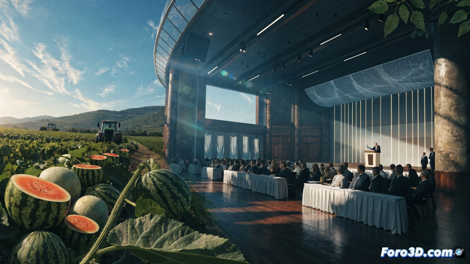 Arid cracked soil splitting open under a blazing sun, a farmer’s hand holding a ripe melon while a digital holographic water pipeline network glows above the field, engineers in hard hats pointing at a large blueprint of a regional water pact on a table inside an industrial pavilion at FERIMEL, water droplets falling onto the melon skin, irrigation drip lines running alongside wilting vines, photorealistic technical illustration, cinematic lighting with harsh shadows and bright highlights, ultra-detailed soil texture and metal pipe joints, realistic agricultural engineering visualization